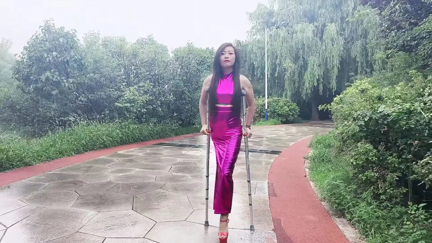 Emma: Shd Amputee Girl - Walking in the park wearing red high heels AmputeeClub