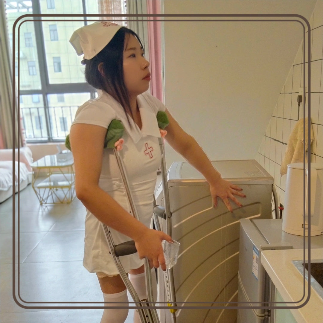 Twlia, a girl with polio - wearing a nurse's uniform and walking with crutches