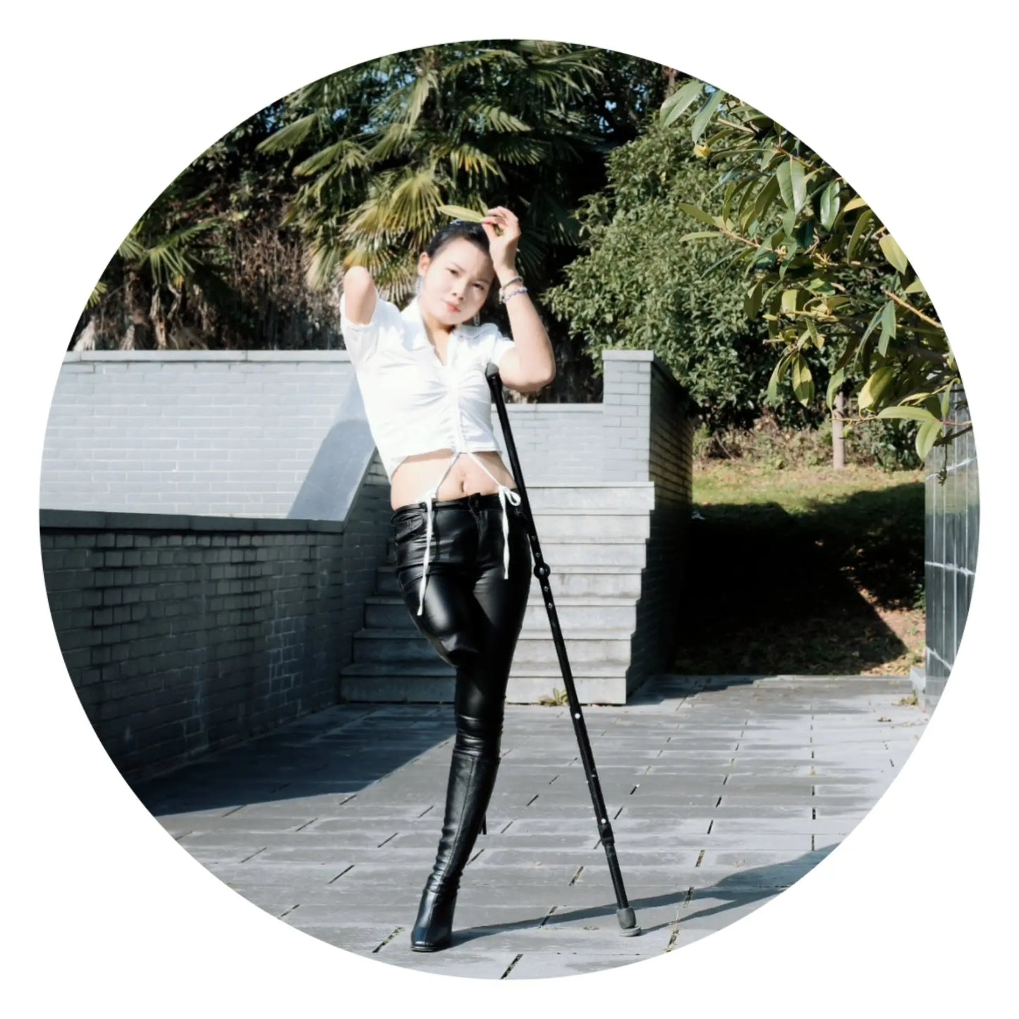 Abby: Ooe Amputee Girl - Black Tight Leather Pants AmputeeClub