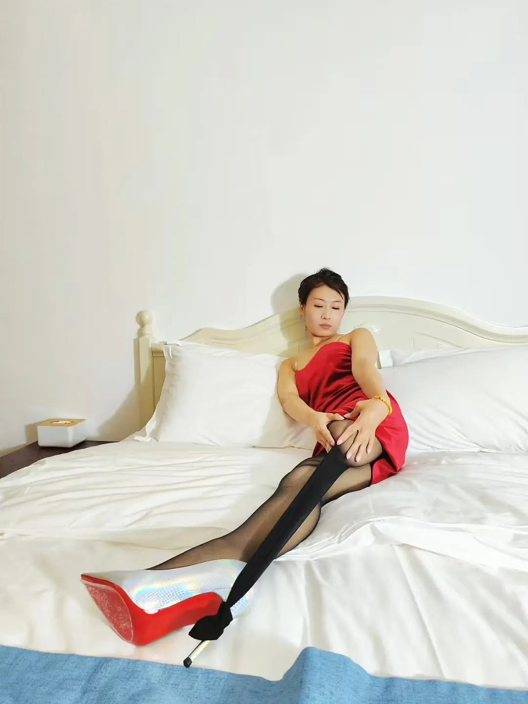 Ayla: Sak Amputee Girl - Red dress with black stockings AmputeeClub