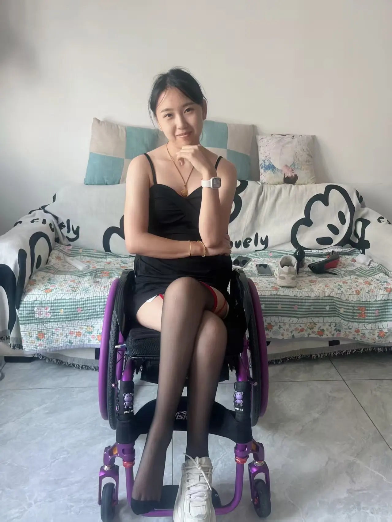 Zoe: Paraplegic Girl - rhinestone sandals and black stockings - AmputeeClub