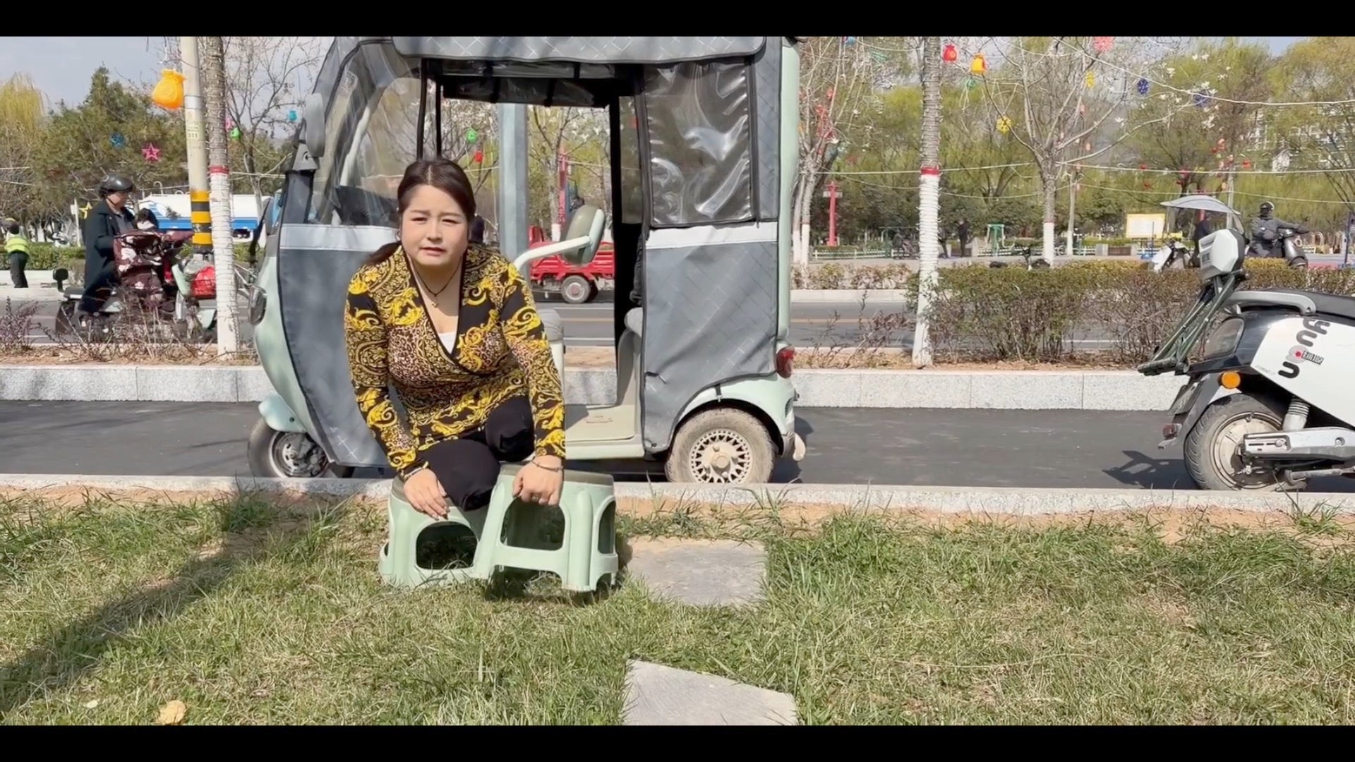 Tina, an Amputee Girl - Walking in the Park Using Her Amputated Limb