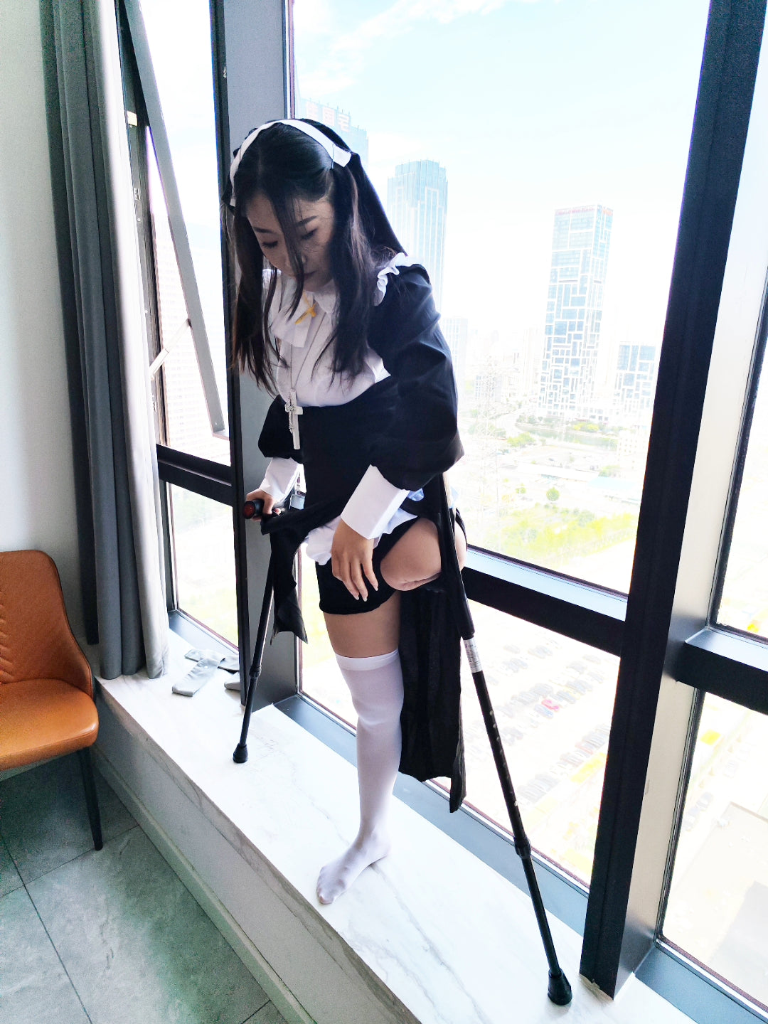 Naomi: Sak Amputee Girl - Anun Style Dress White Fishnet Stockings - AmputeeClub