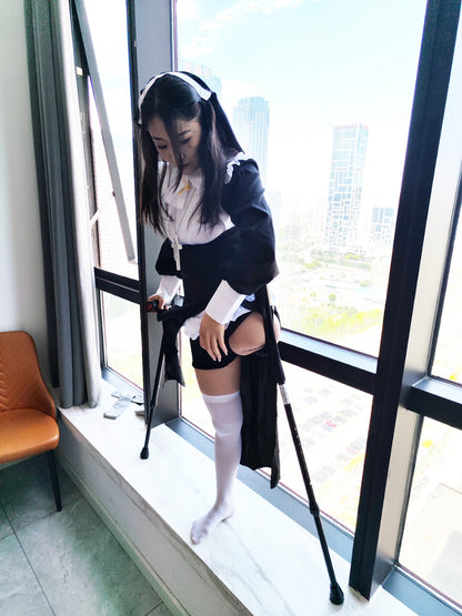 Naomi: Sak Amputee Girl - Anun Style Dress White Fishnet Stockings - AmputeeClub
