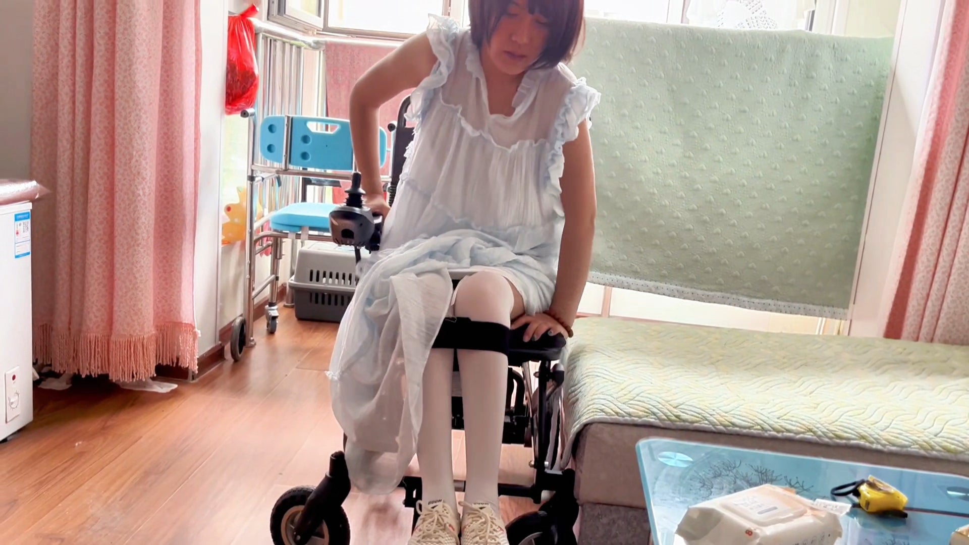Ava: Paraplegic Girl-One-piece black stockings and high heels diaper change AmputeeClub