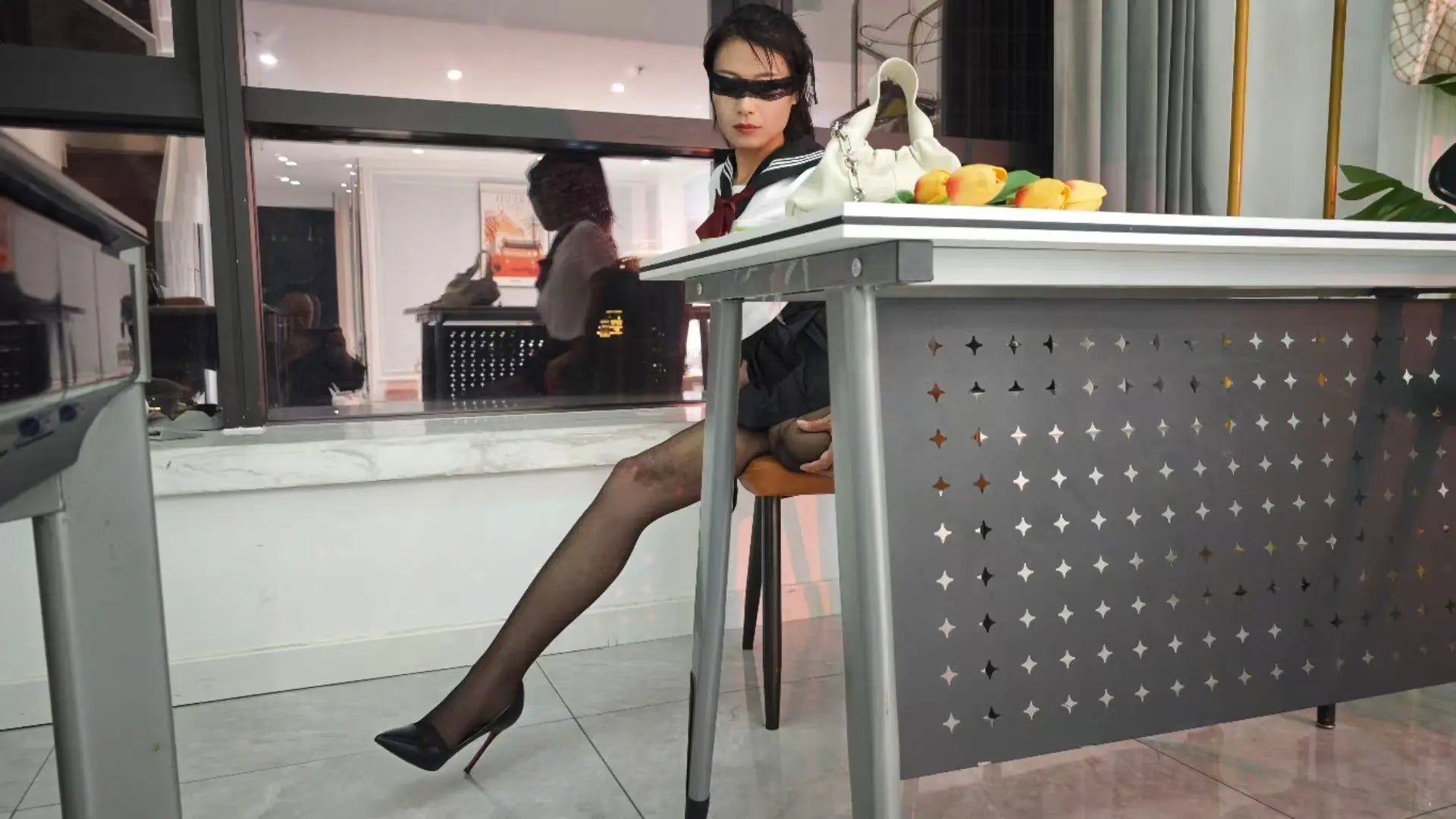 Ayla: Sak Amputee Girl - Sailor Suit Black Fishnet Stockings