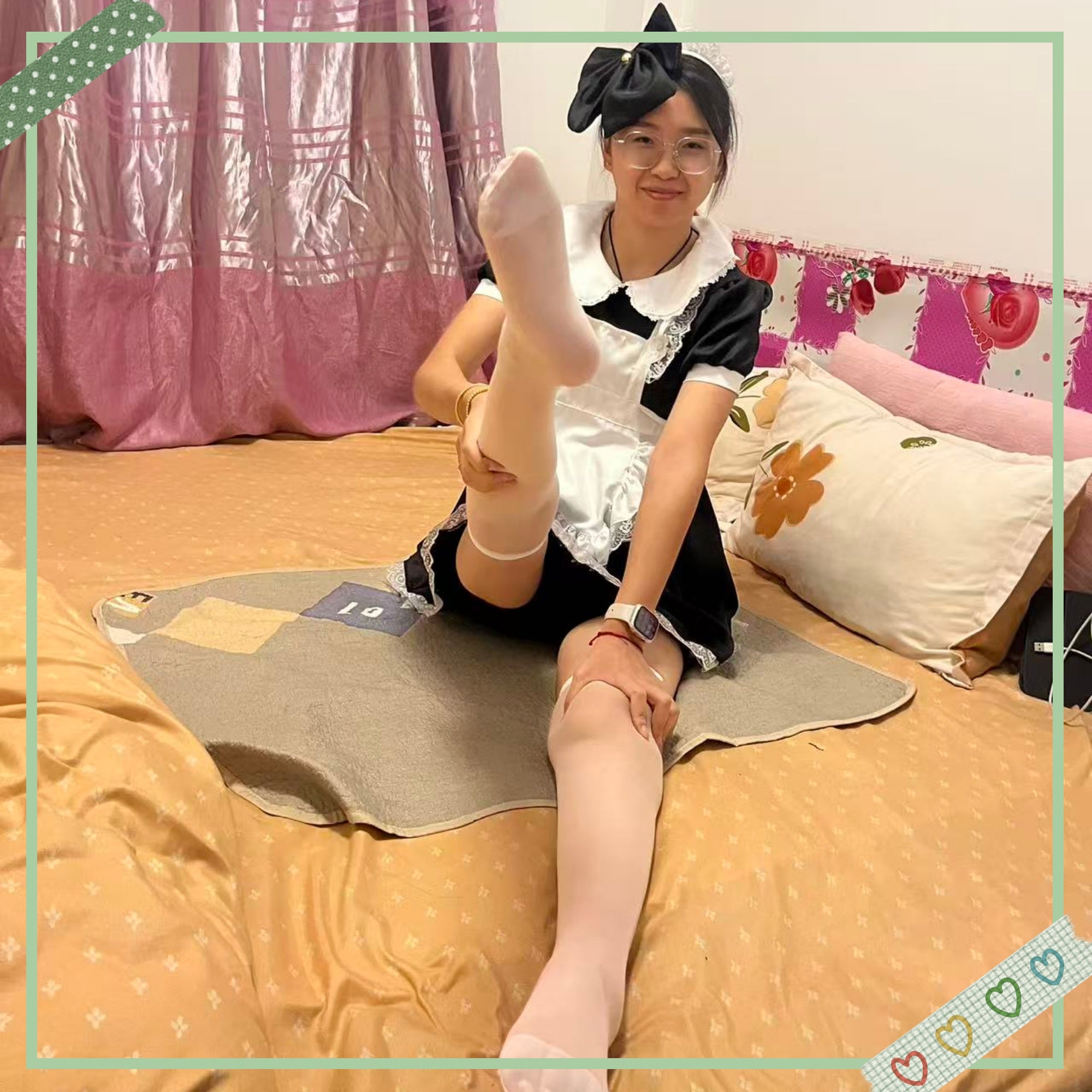 Zoe: Paraplegic Girl, a maid in white stockings, moves on a diaper pad.