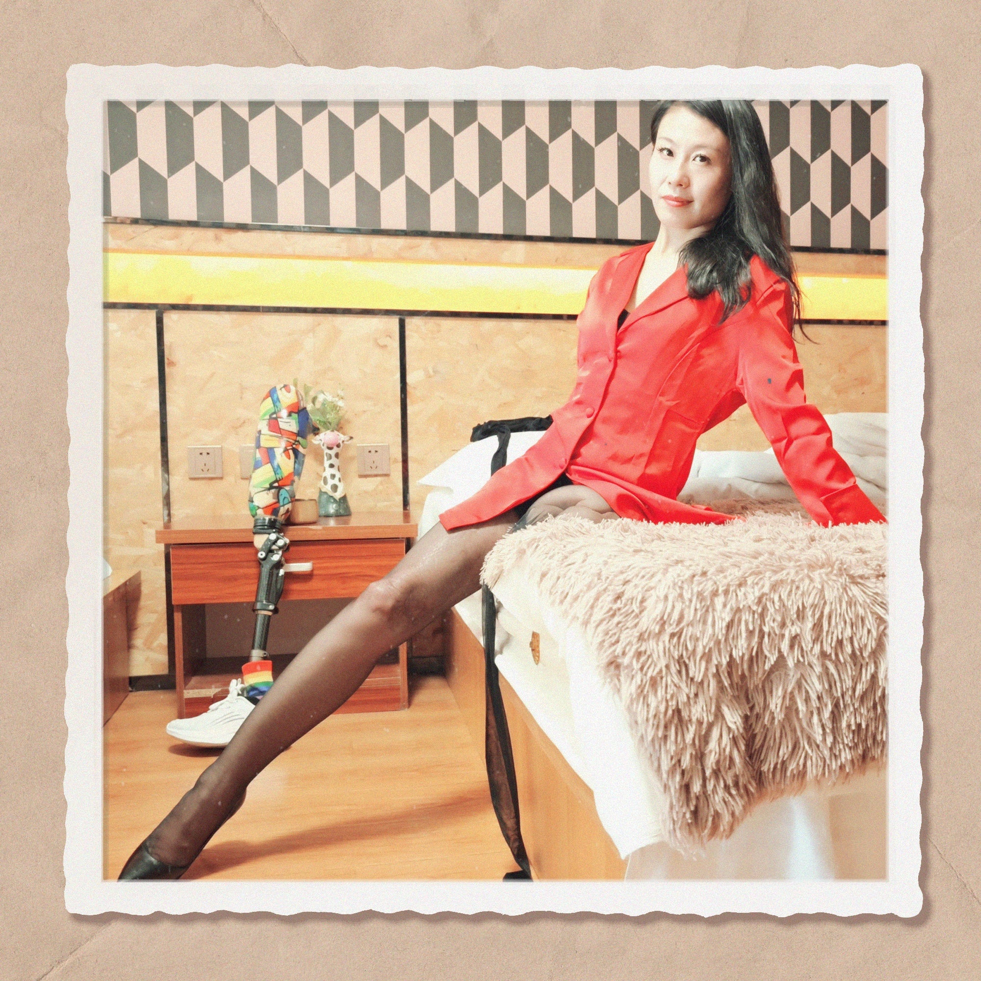 Ayla: Sak Amputee Girl - Red Dress, Black Stockings, High Heels, Walking Up the Stairs