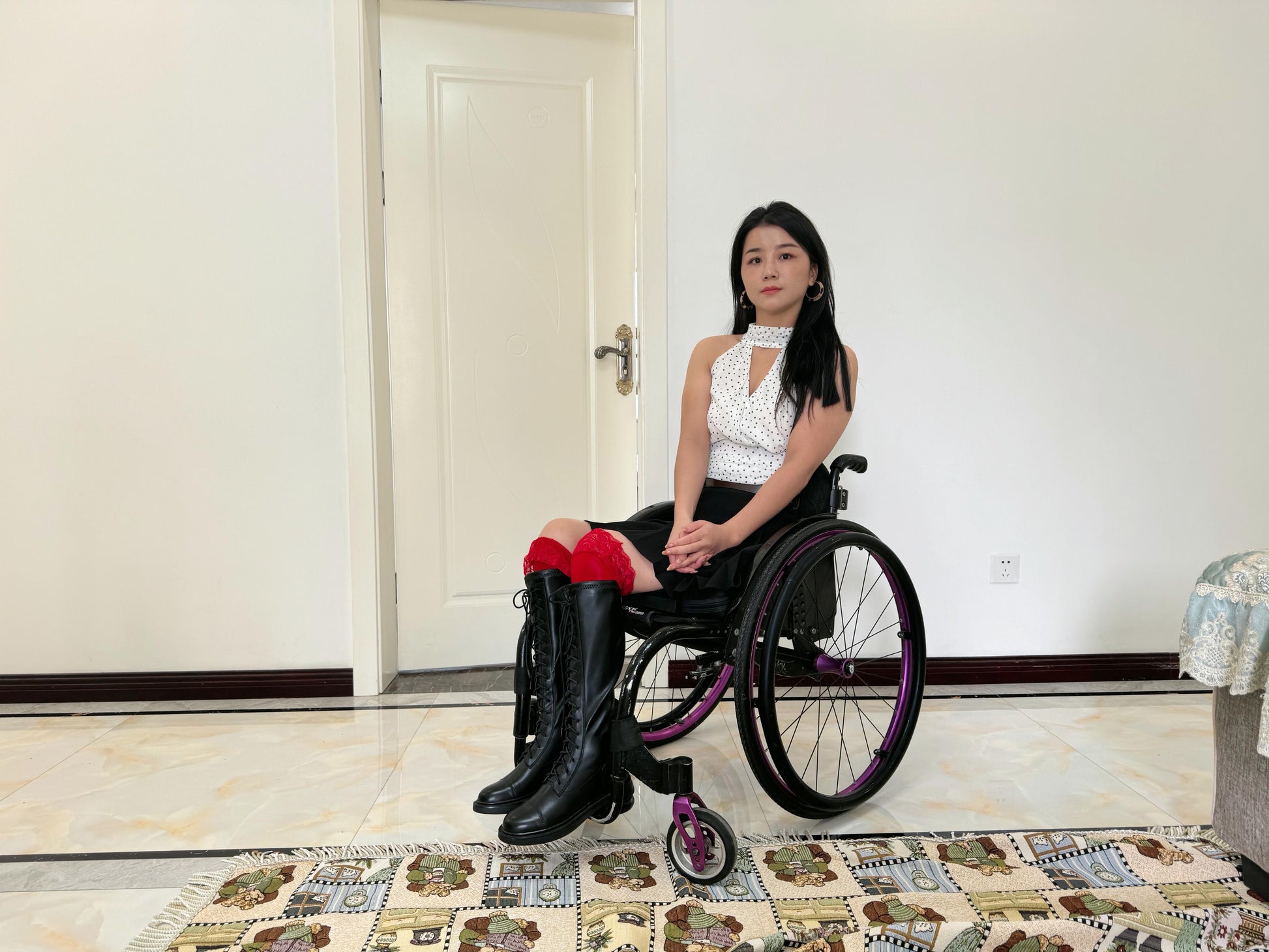 Belle: Paraplegic girl in knee-high boots and red stockings