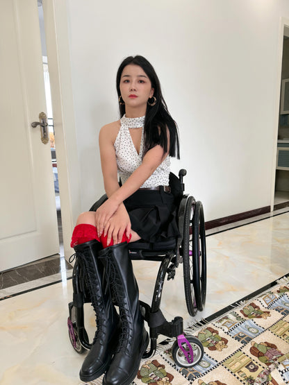 Belle: Paraplegic girl in knee-high boots and red stockings