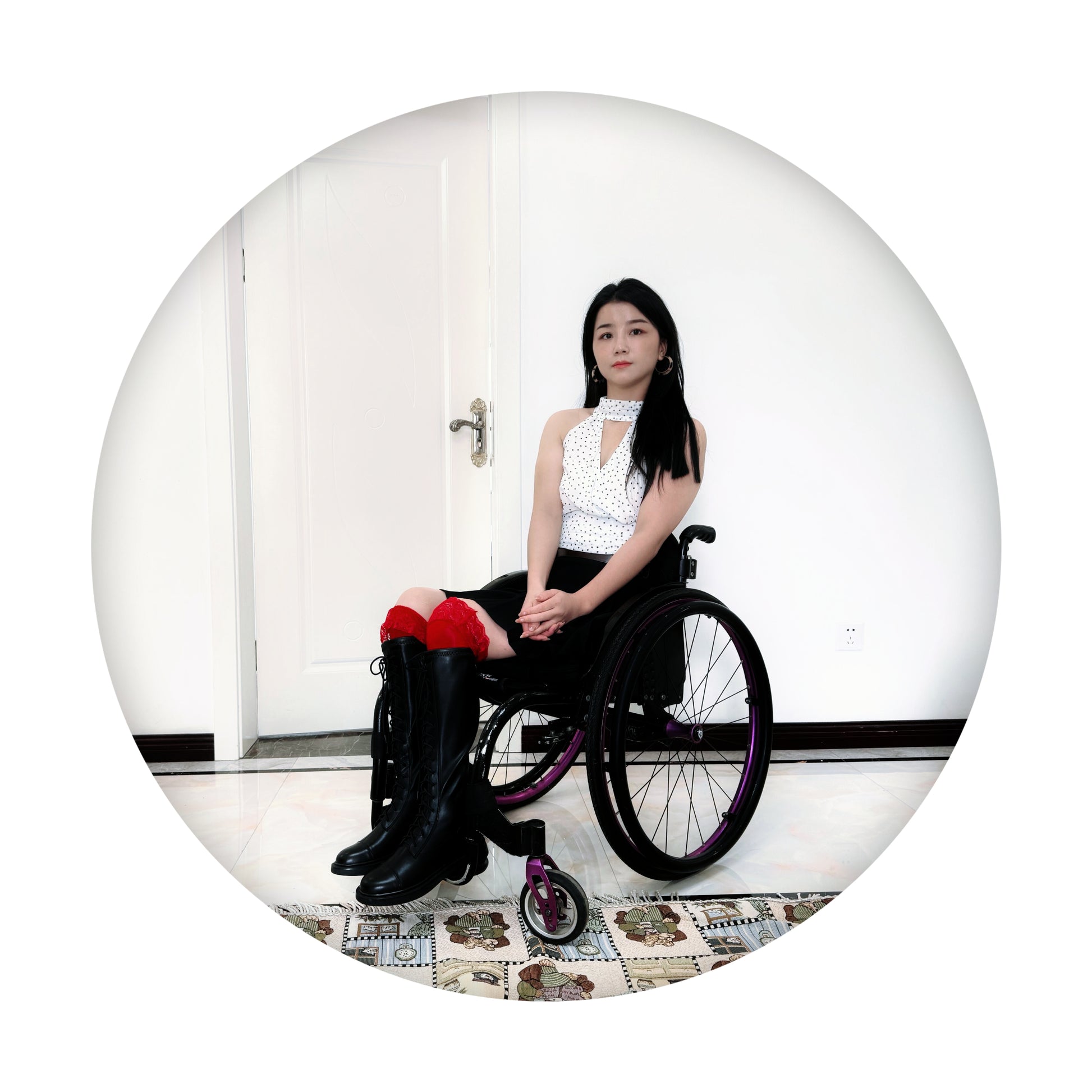 Belle: Paraplegic girl in knee-high boots and red stockings