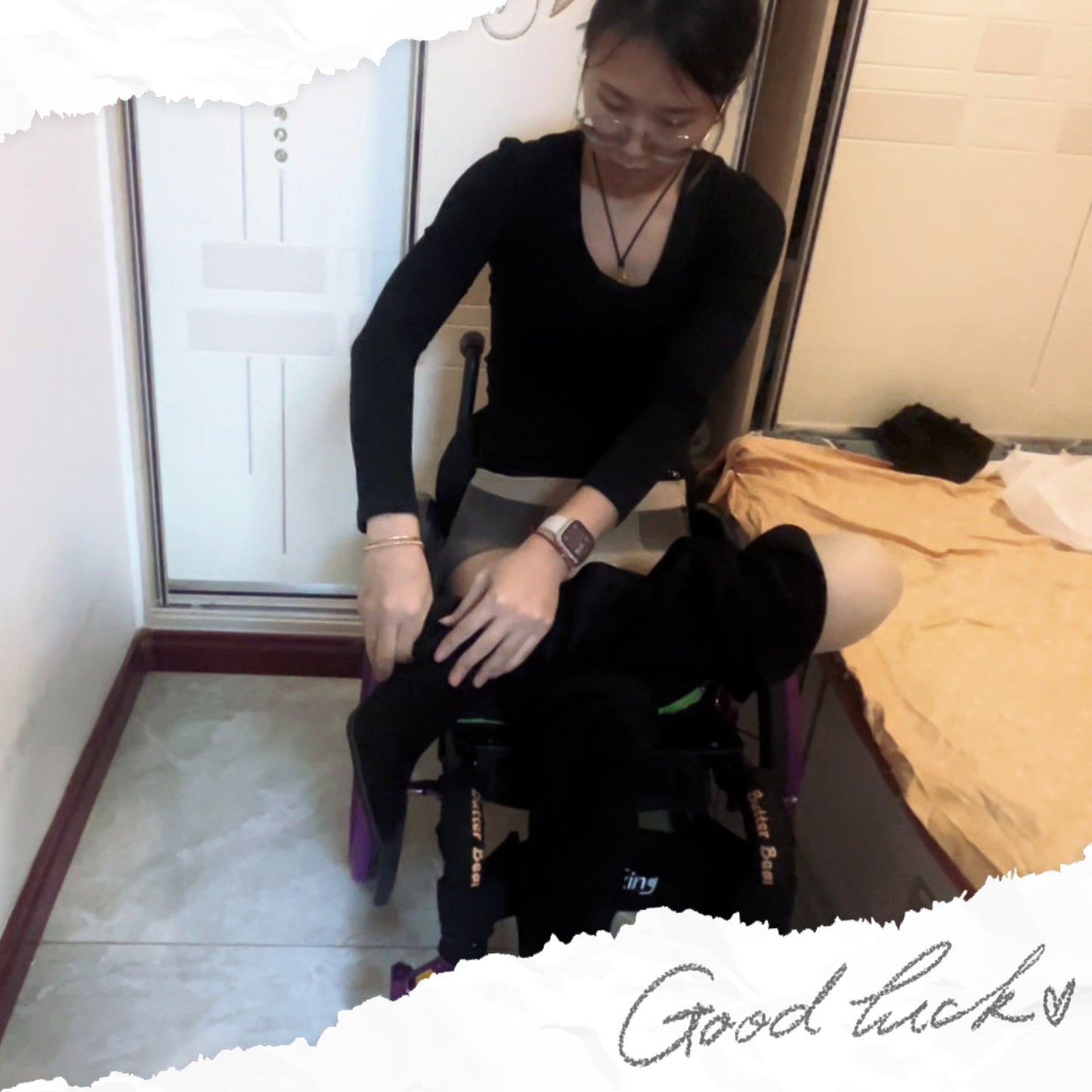 Zoe: The paraplegic girl is wearing stockings and turning over in bed