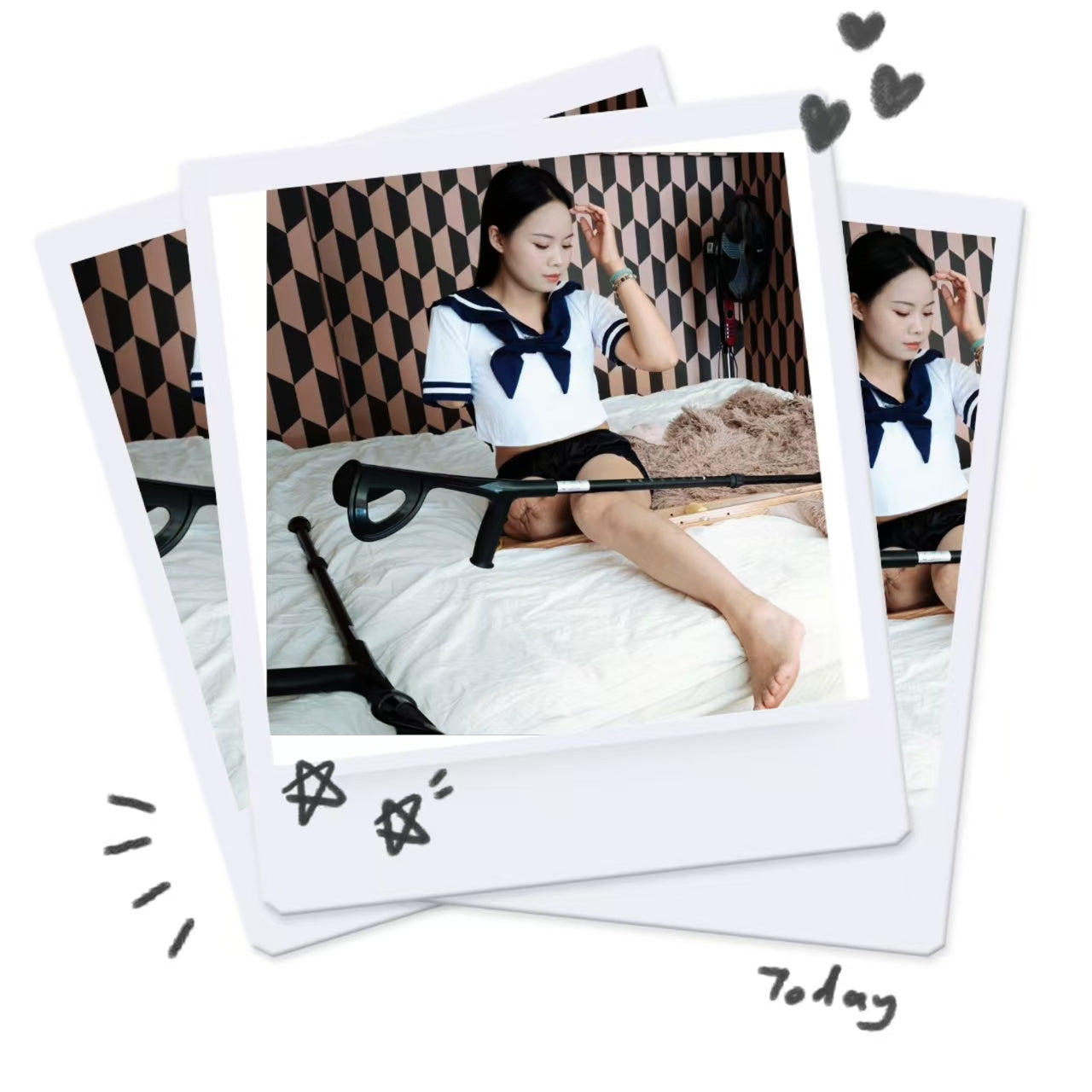 Abby: Ooe Amputee Girl, feeling her prosthetic limb while wearing a Japanese school uniform.