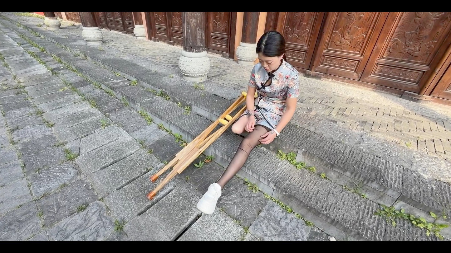 Amy: Sak Amputee Girl — Playing on crutches and wearing black stockings