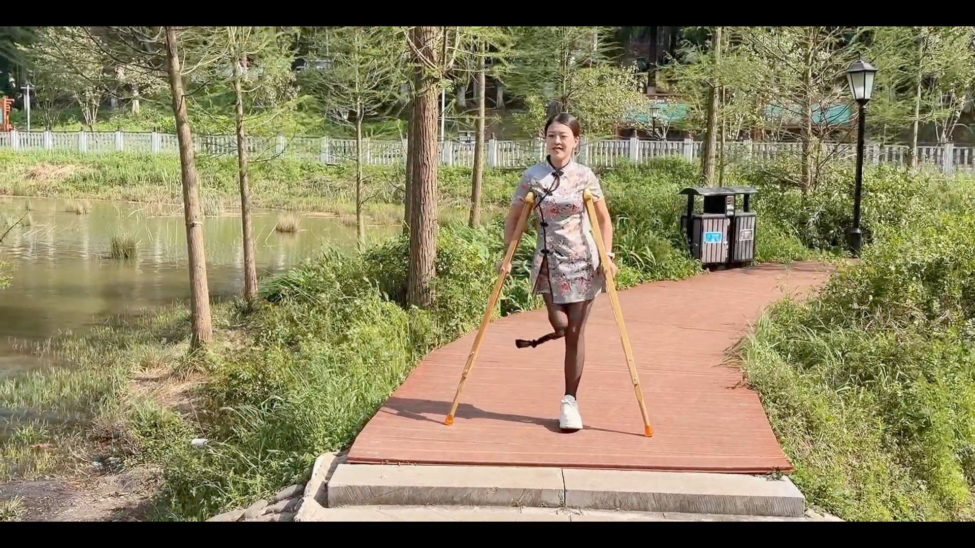Amy: Sak Amputee Girl — Playing on crutches and wearing black stockings