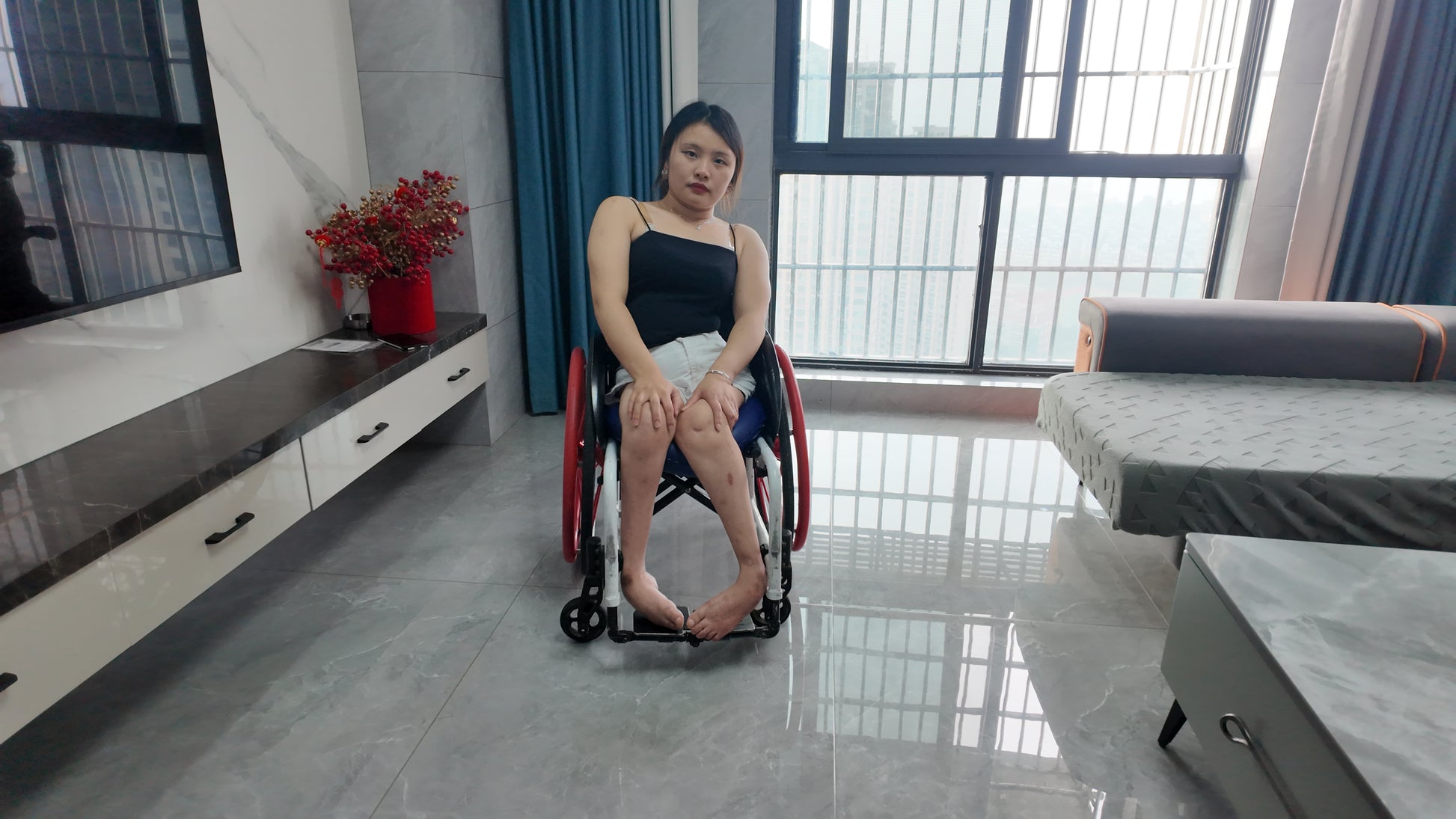 Shera: Paraplegic Girl - Practicing Wheelchair Transfer in a Tight-Fitting Tank Top