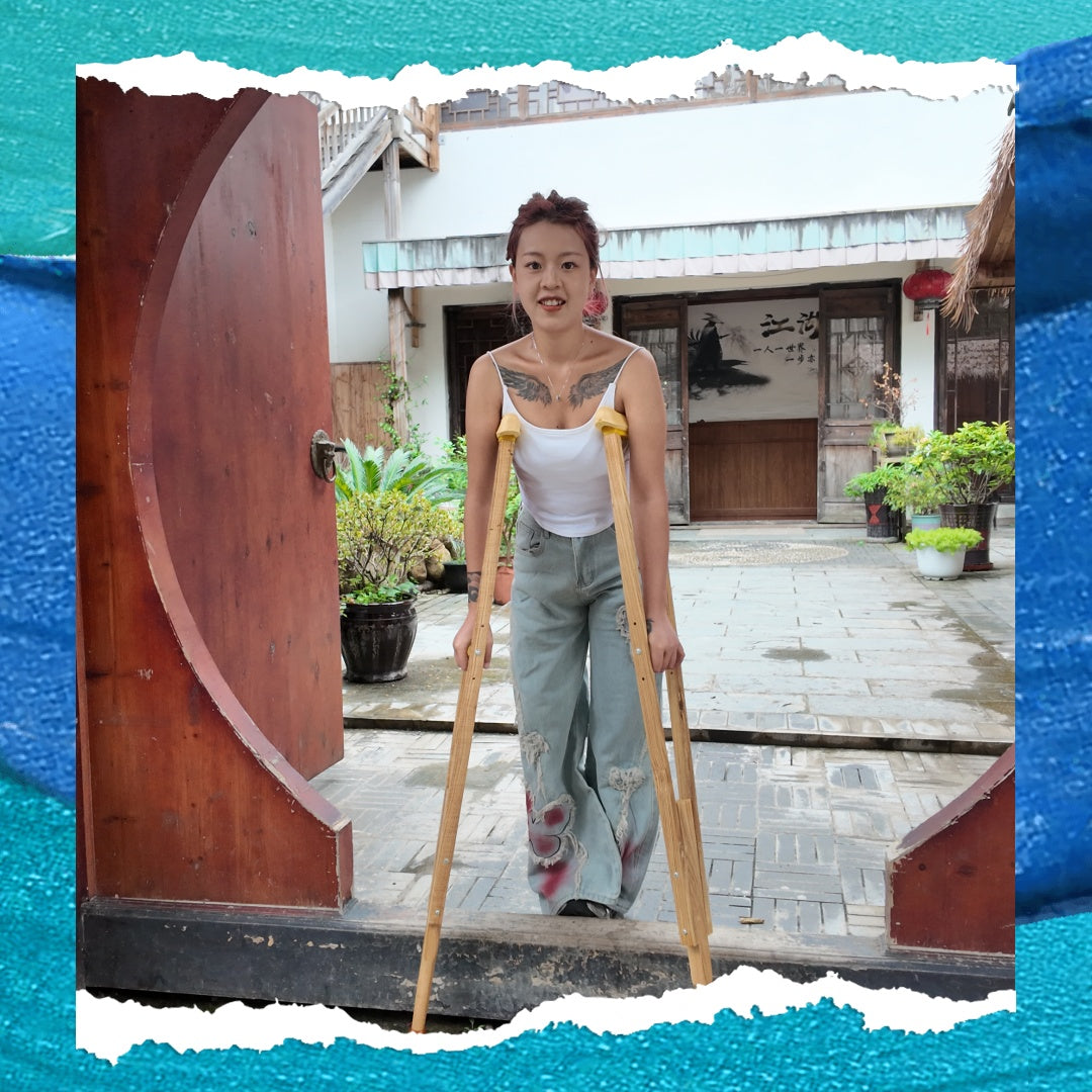 Amy: Sak, the amputee girl, went out to explore for the first time using crutches.