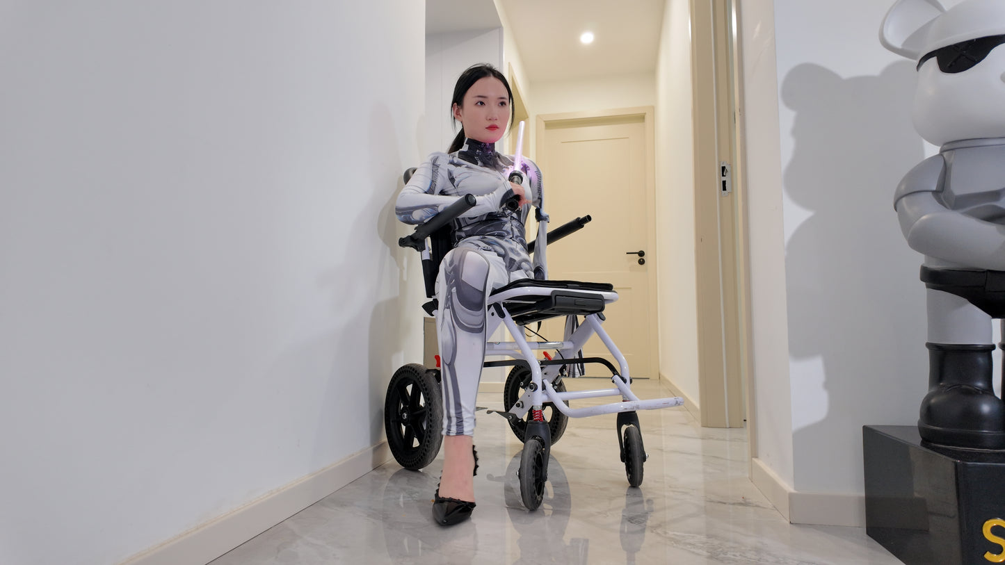 Beibei: OOE Amputee Girl cosplaying as a mechanical girl in an electric wheelchair.