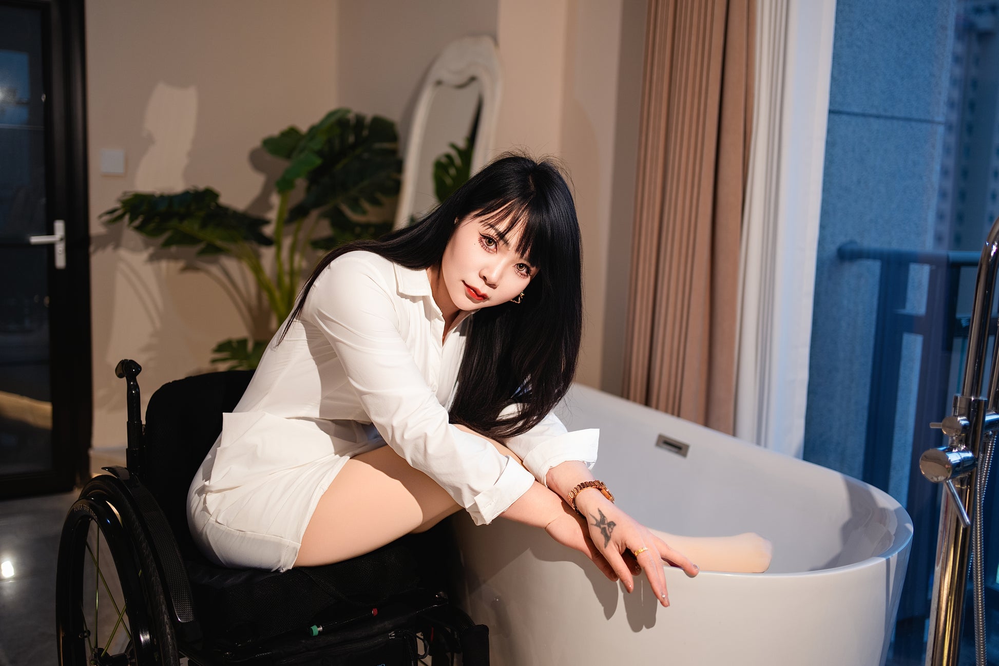 Para Girl Nora - Nude stockings, leopard print high heels, wheelchair transfer