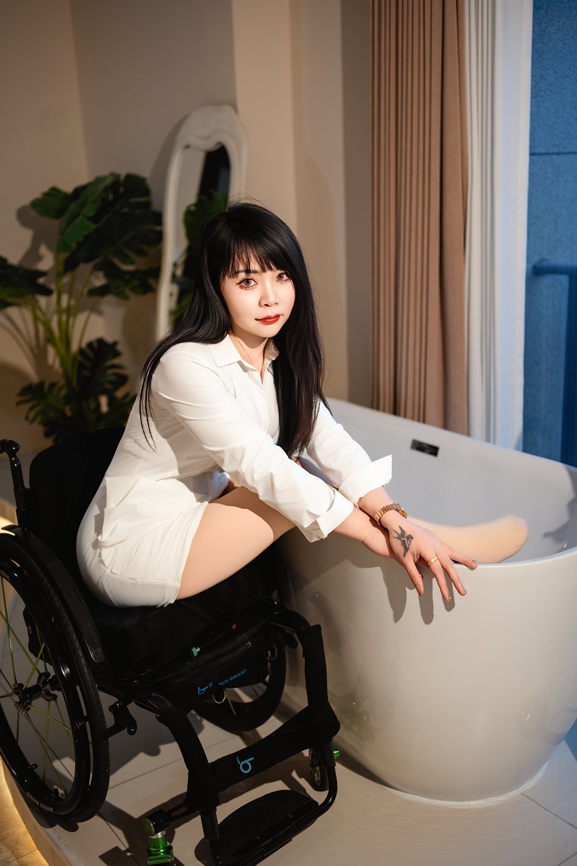 Para Girl Nora - Nude stockings, leopard print high heels, wheelchair transfer
