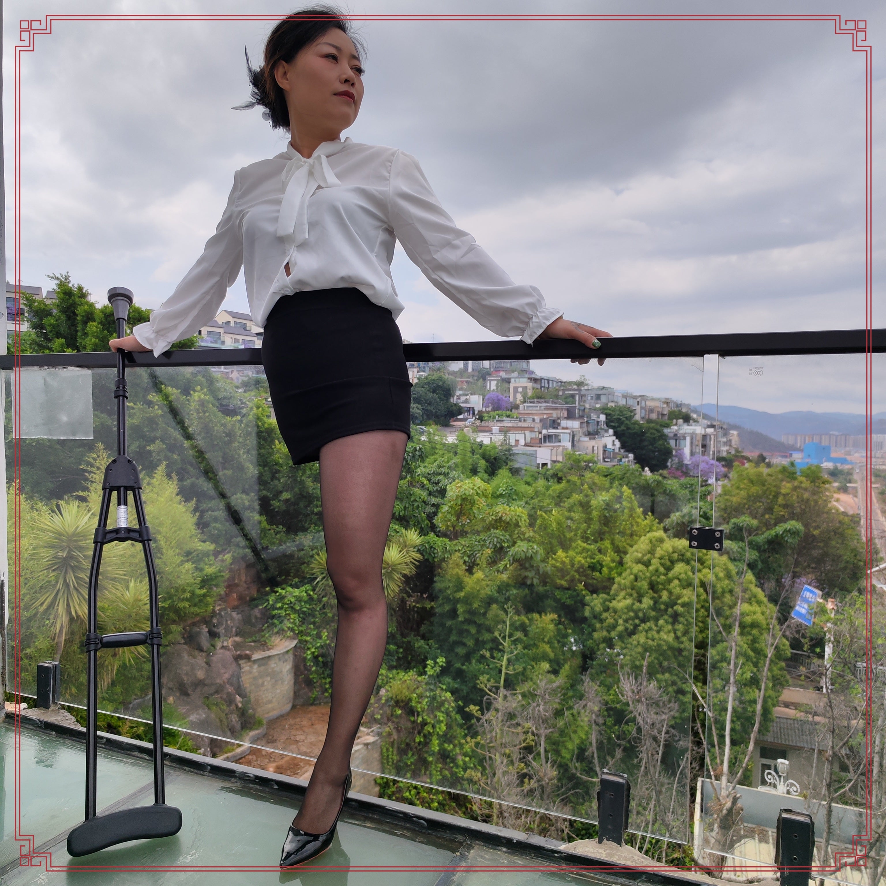 Emma: Shd Amputee Girl - Black Stockings, High Heels, and Walking on Cane