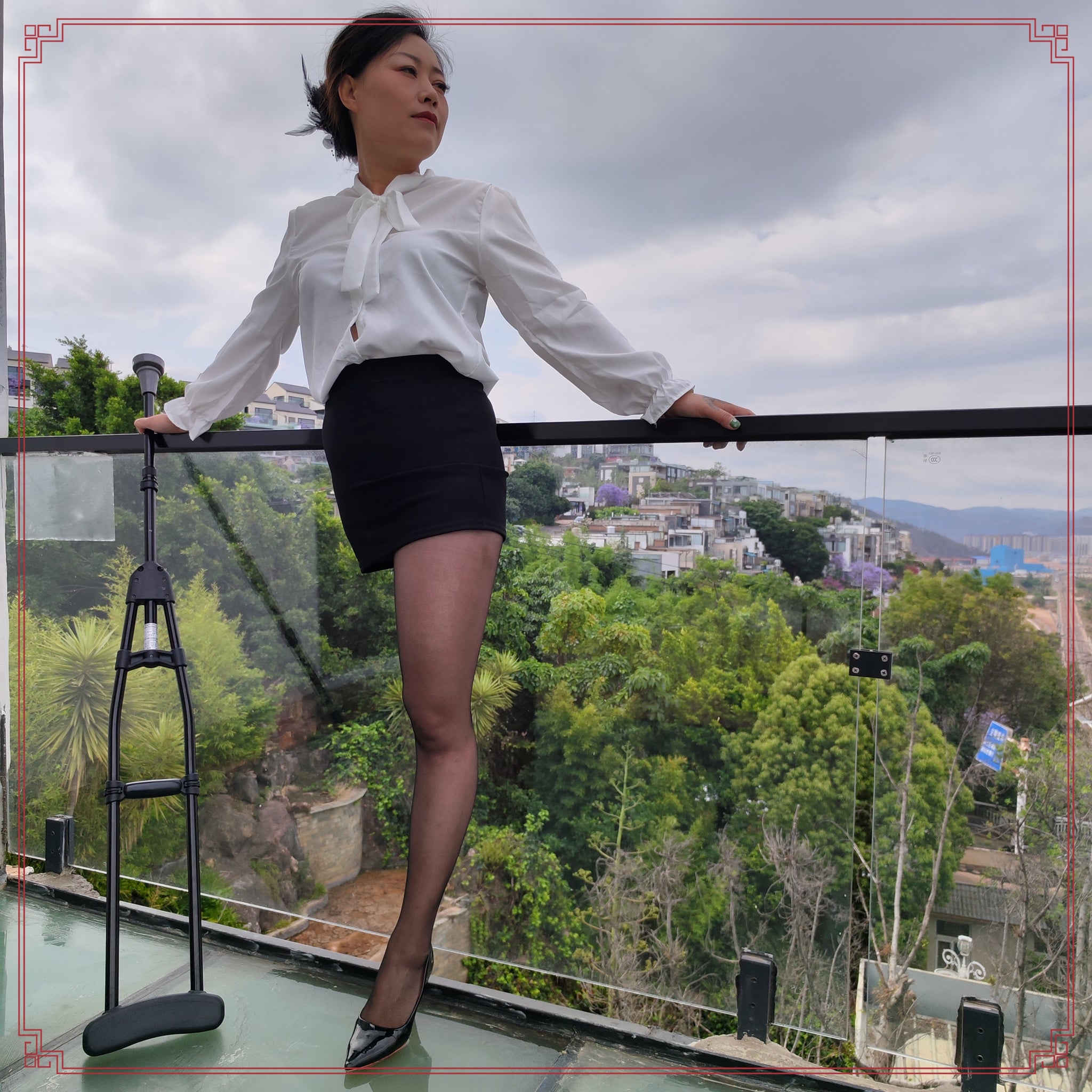 Emma: Shd Amputee Girl - Black Stockings, High Heels, and Walking on Cane