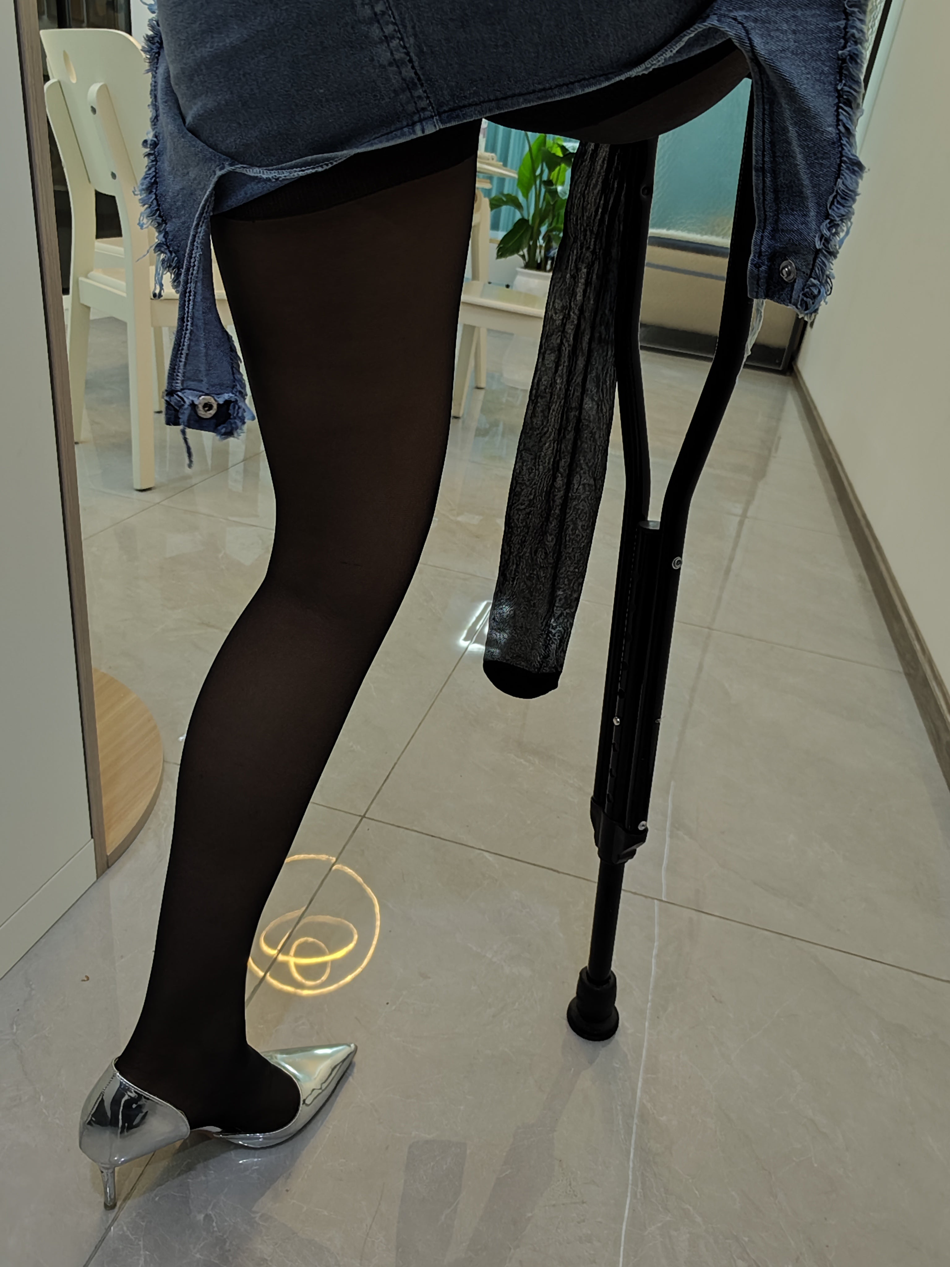 Abby Ooe Amputee Gril - Walking Practice with Canes in Black Stockings and High Heels