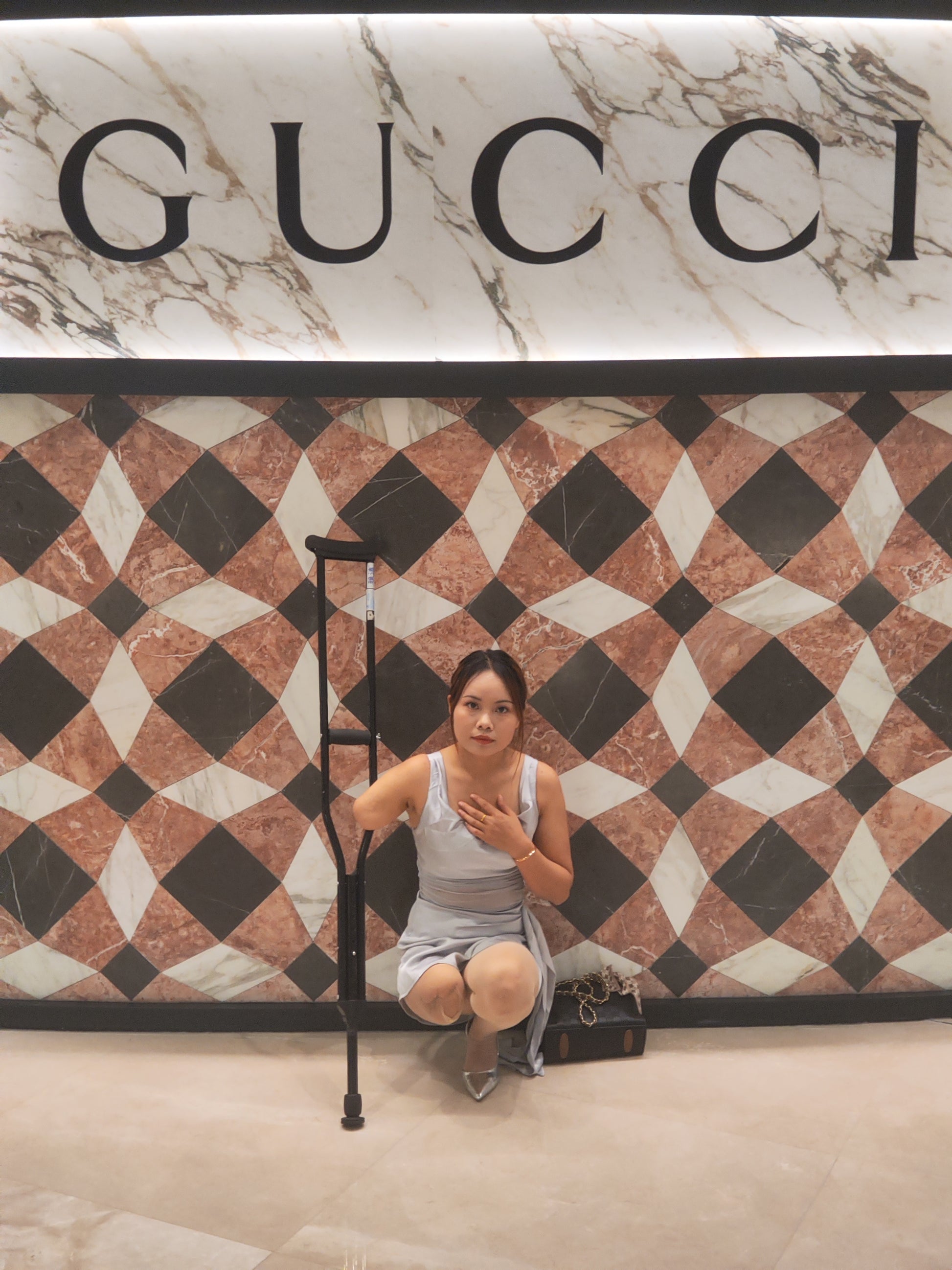 Abby: Ooe Amputee Girl Strolling the Streets in High Heels with a Cane