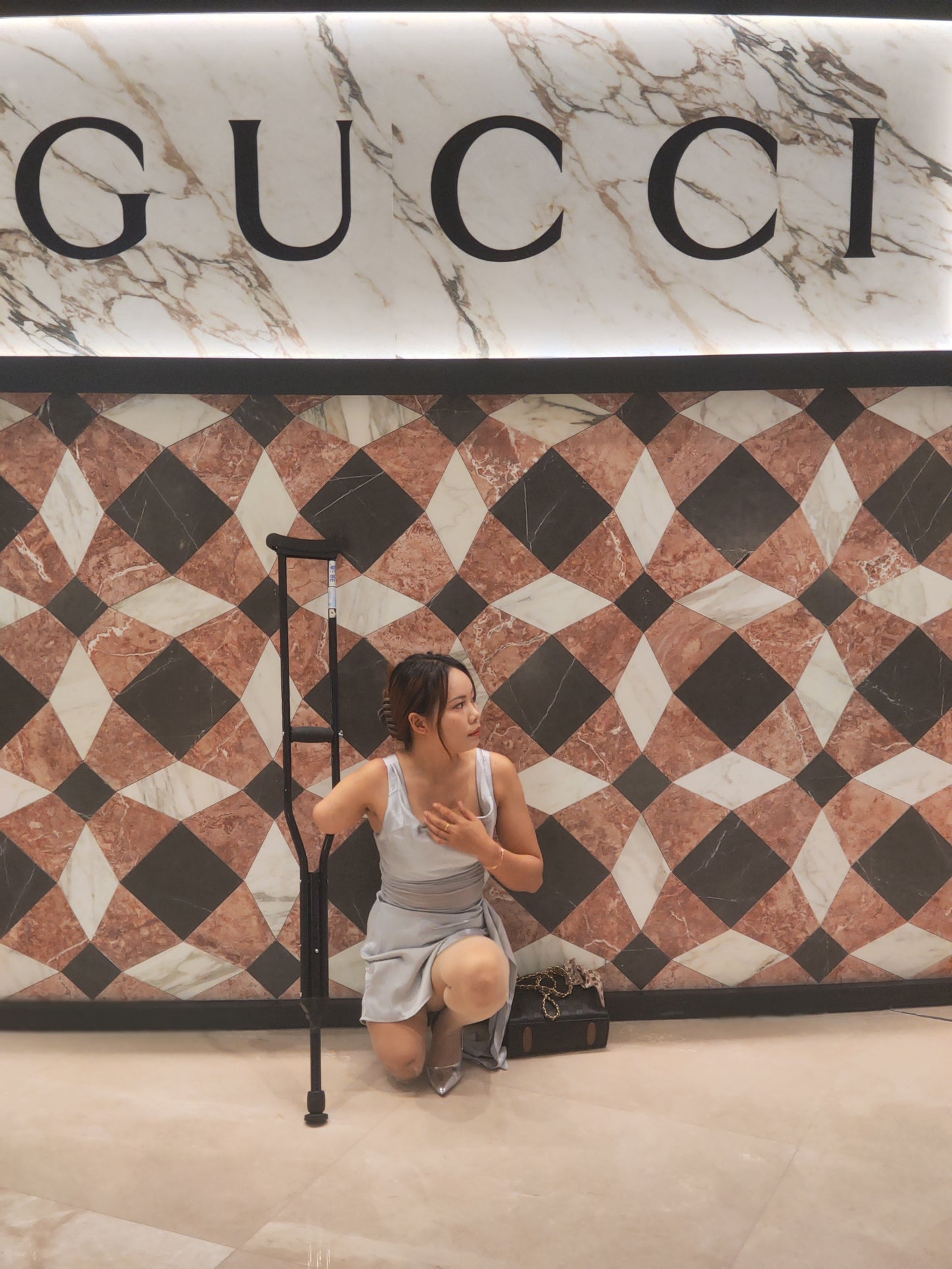 Abby: Ooe Amputee Girl Strolling the Streets in High Heels with a Cane