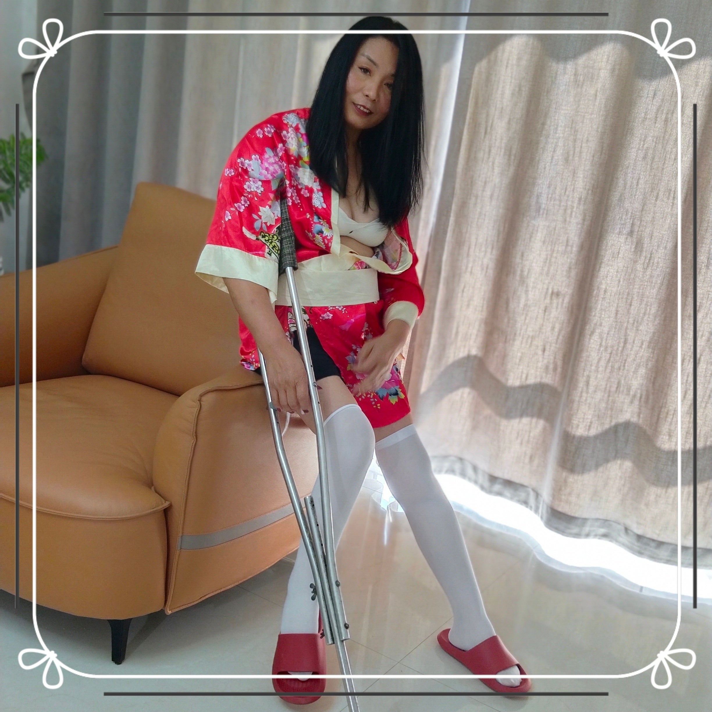 Liona, the polio girl, was washing her hair with a cane, wearing a bathrobe and white stockings.