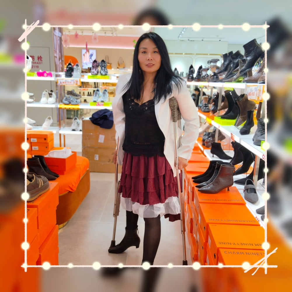 Liona, the polio girl, shopping at the supermarket on crutches