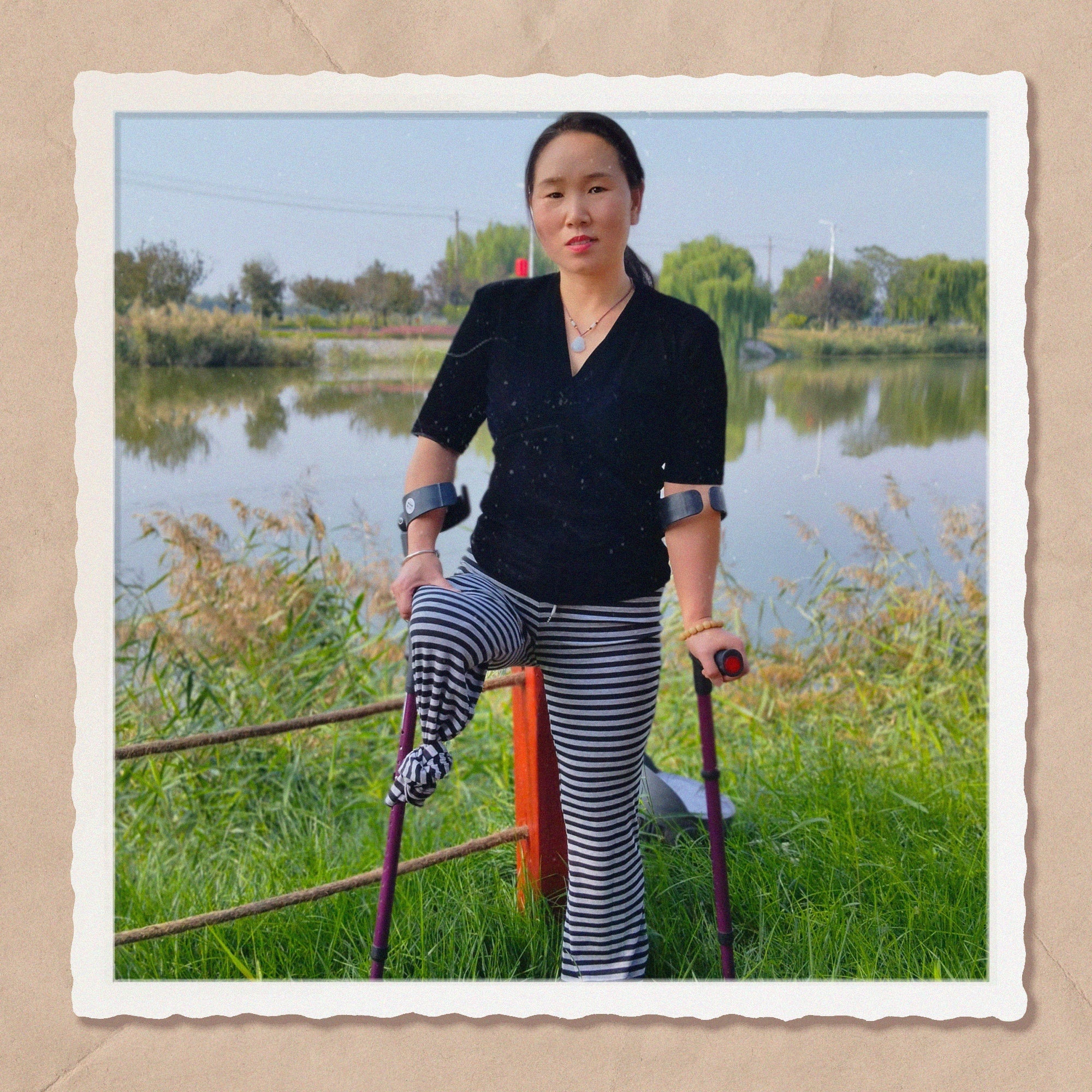 Gigi: Sak Amputee Girl - Using elbow crutches to go out for a walk in spring.