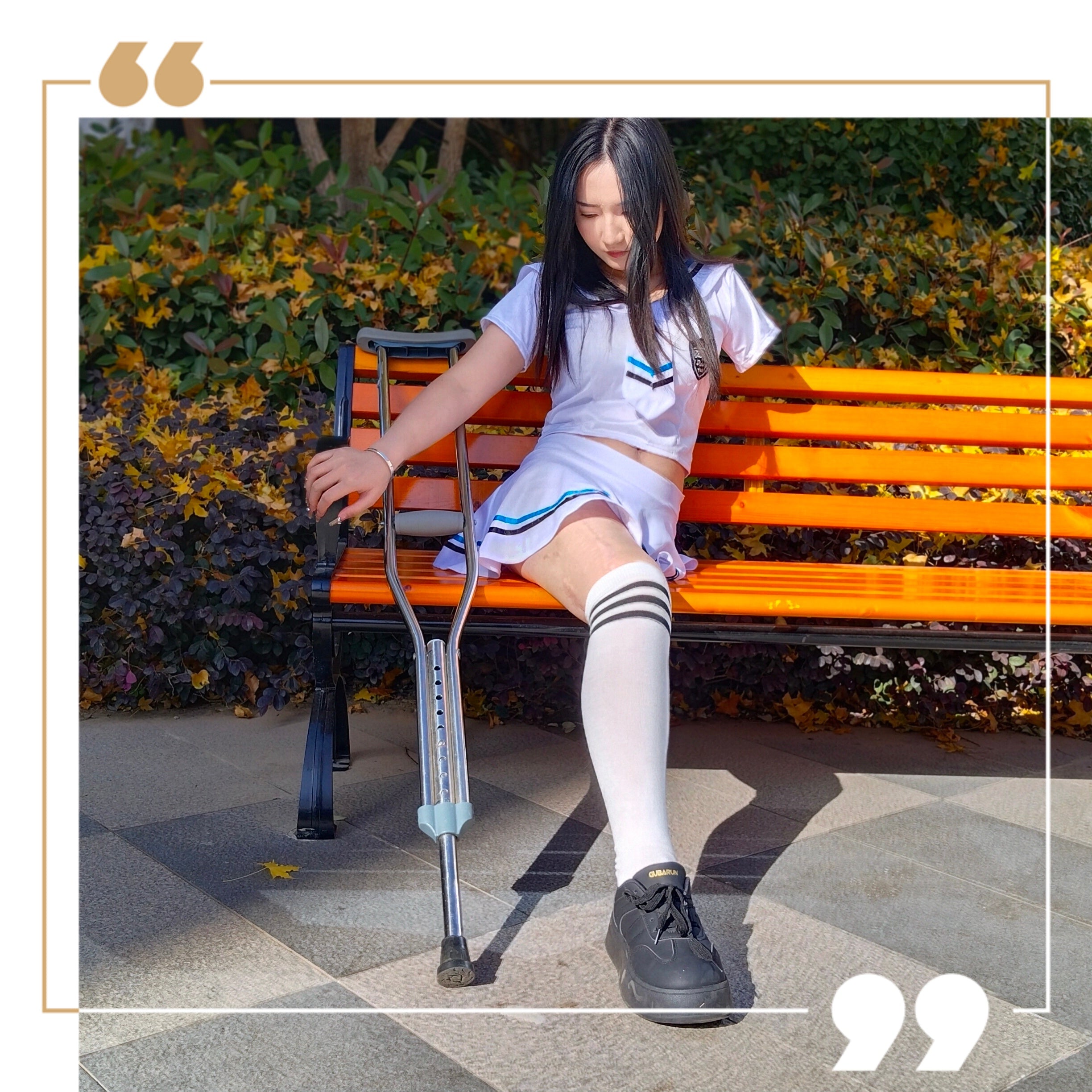 Beibei: OOE Amputee Girl, practicing walking with crutches while wearing a sailor uniform and a very short skirt.
