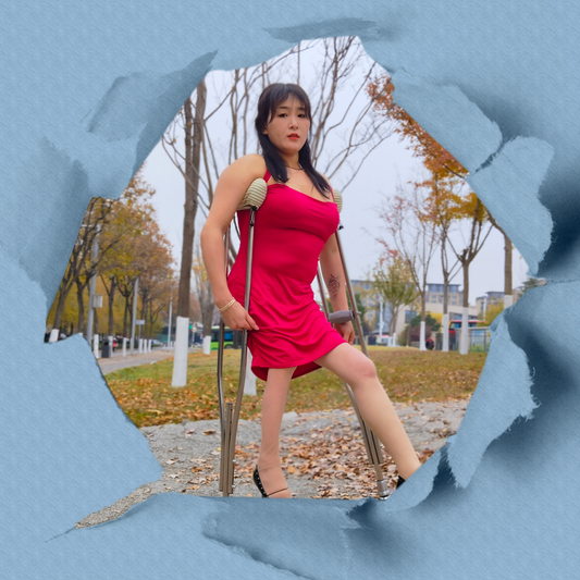 Rose the Polio Girl strolls through the park in high heels and on crutches.