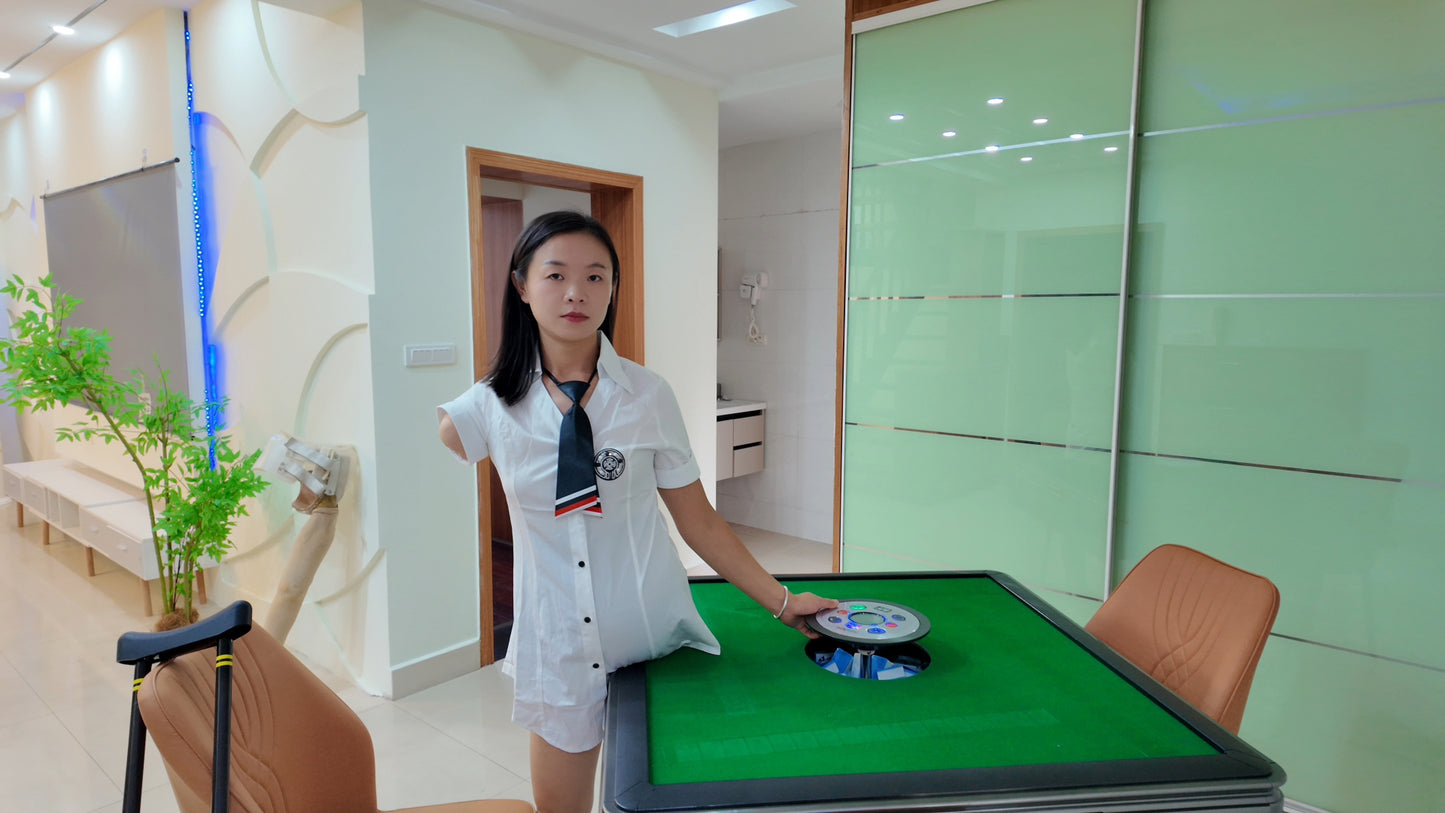 Mila: Ooe Amputee Girl - Walking indoors with crutches while wearing a white shirt and uniform.