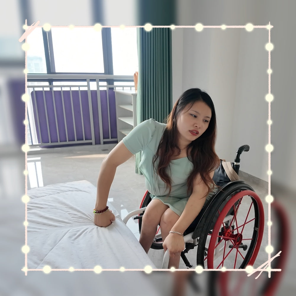 Shera: Paraplegic Girl tries on black strappy high heels at home.