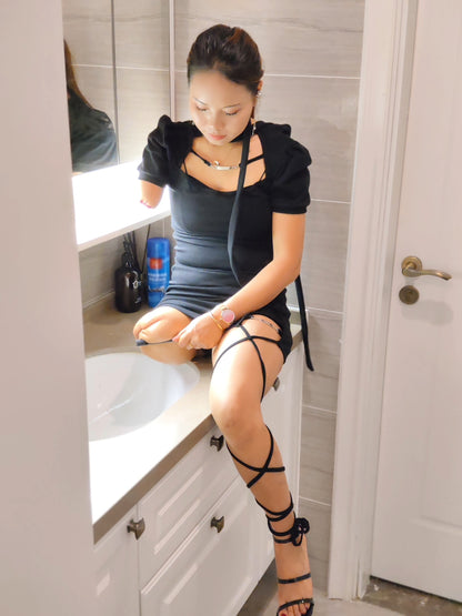 Abby: Ooe Amputee Girl - Applying nail polish to her amputated limb wound