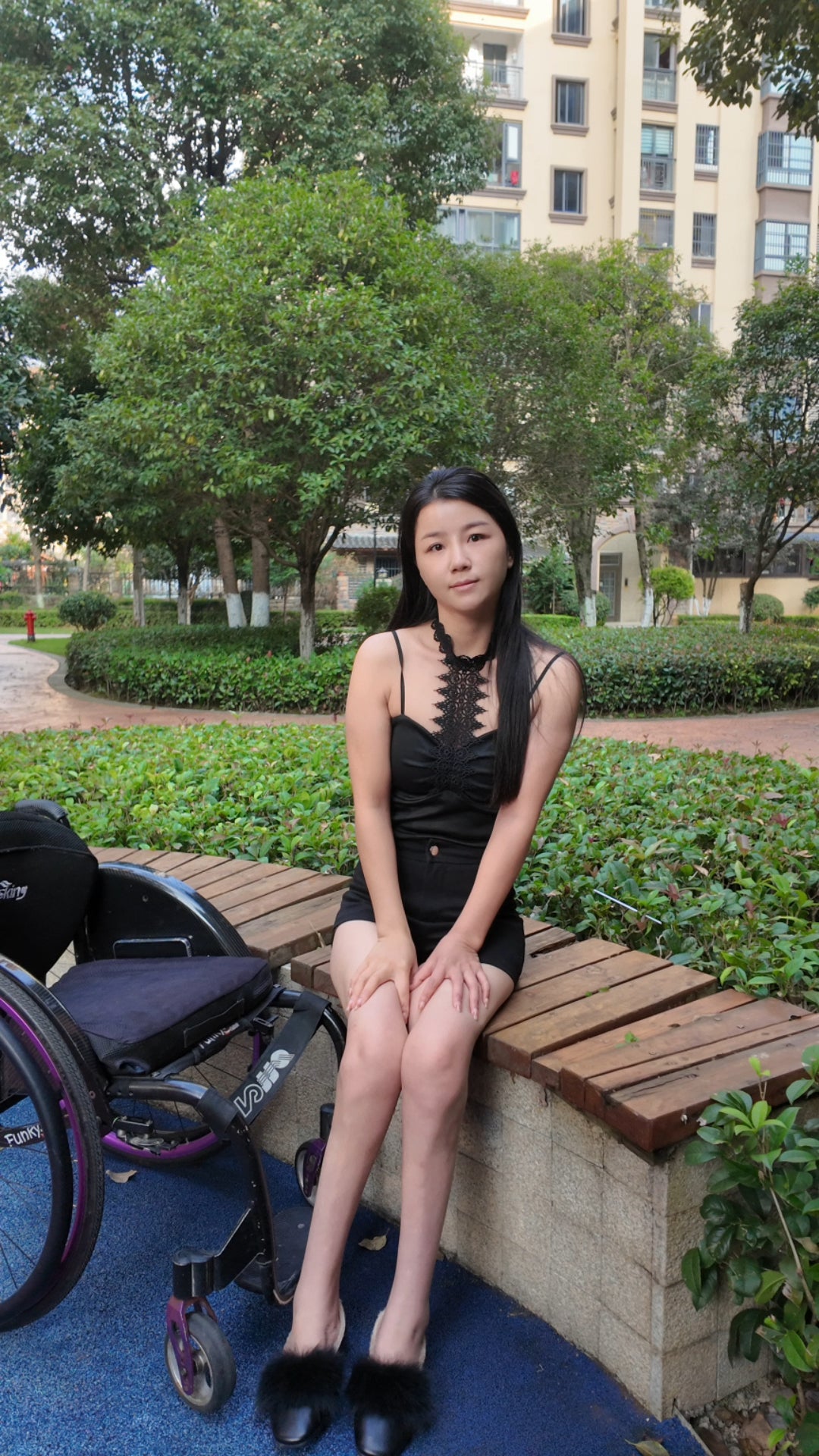 Belle: Paraplegic girl, wearing sexy outfits while exercising outdoors