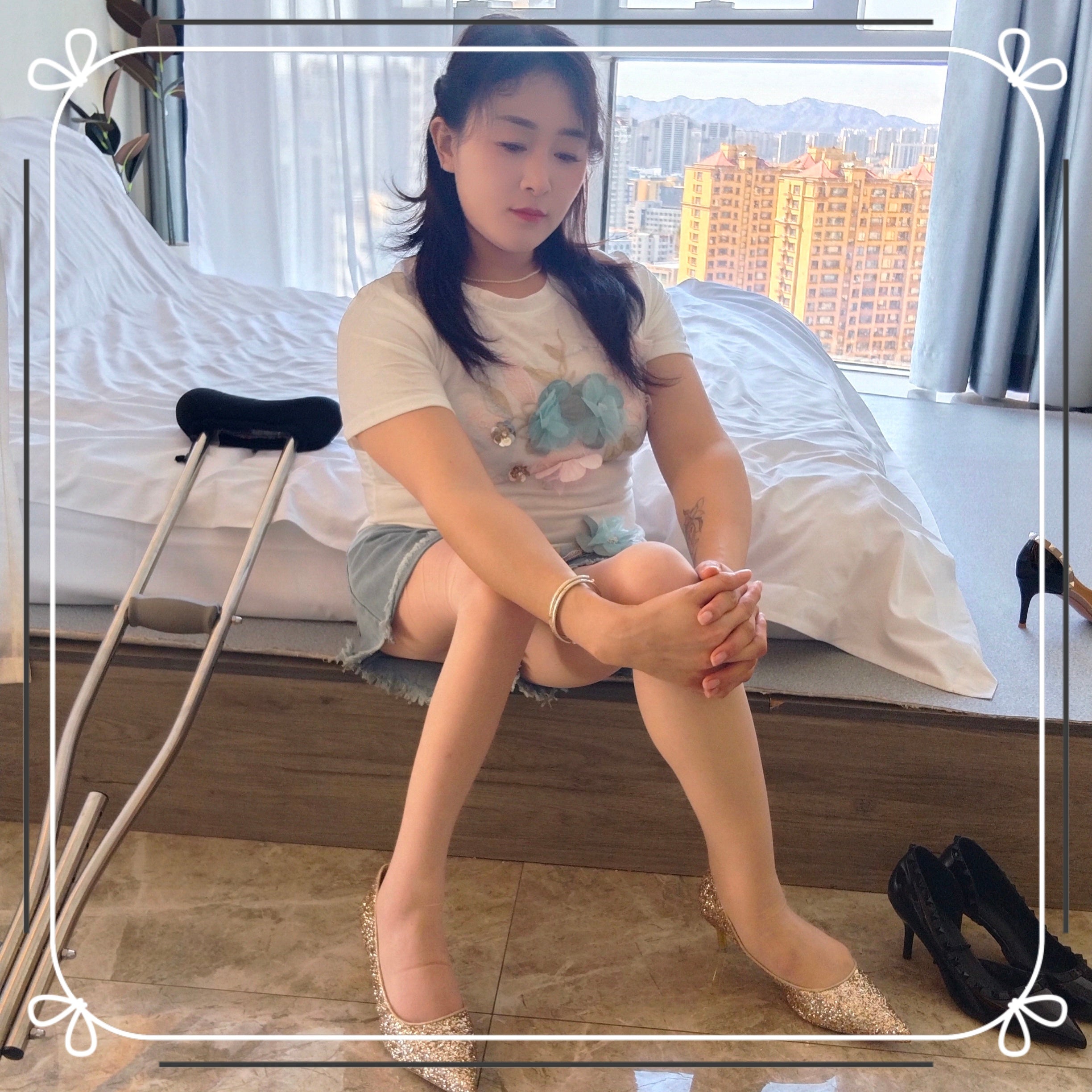 Rose the Polio Girl - Wearing high heels and using crutches to pick up takeout