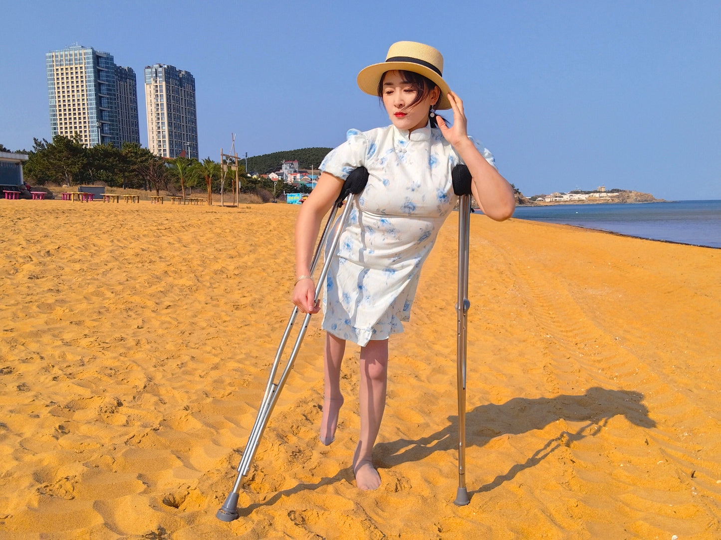 Rose the Polio Girl - High Heels, Stockings, and Cane - Beach Picnic
