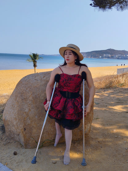 Rose the Polio Girl — Walking on the Beach with Crutches