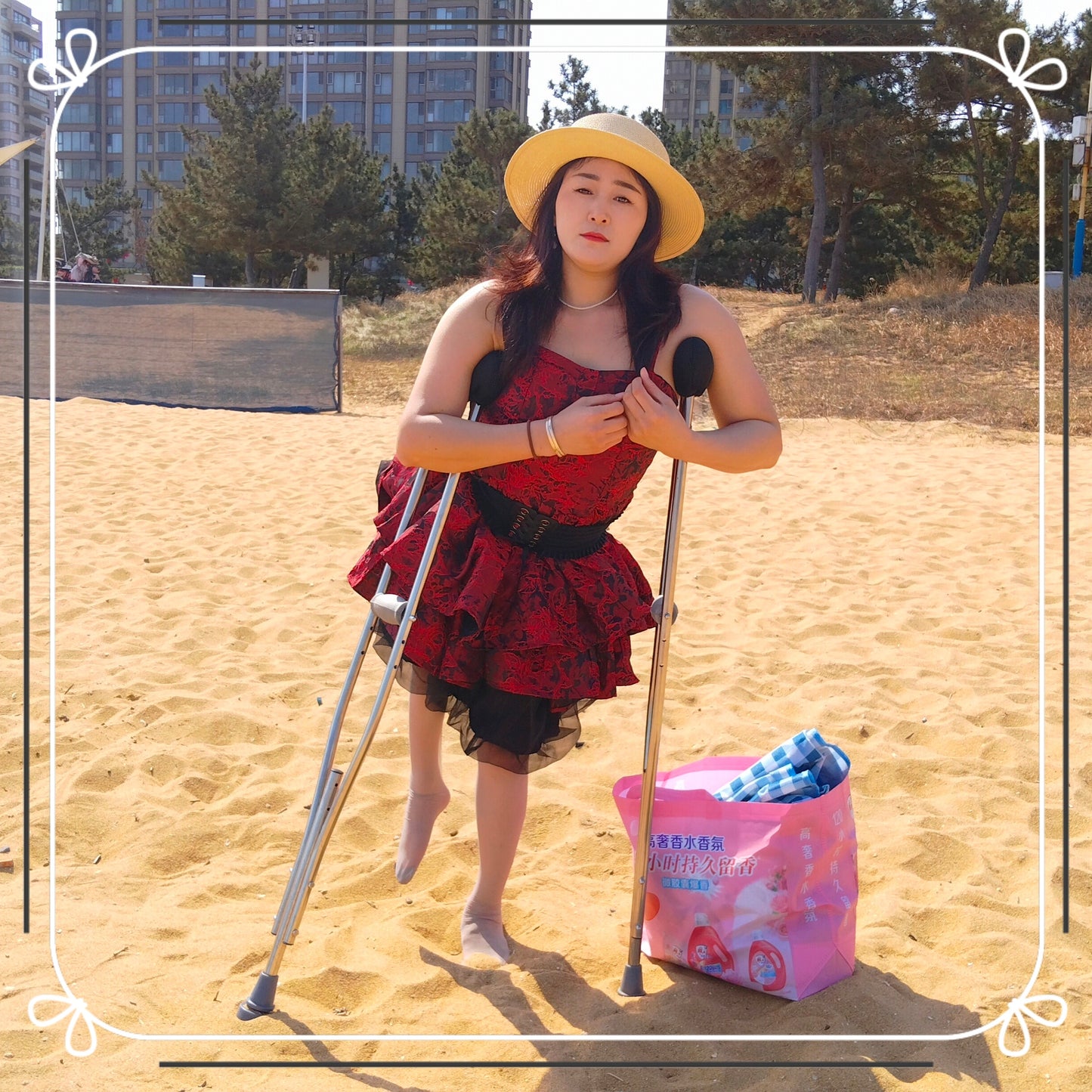 Rose the Polio Girl — Walking on the Beach with Crutches