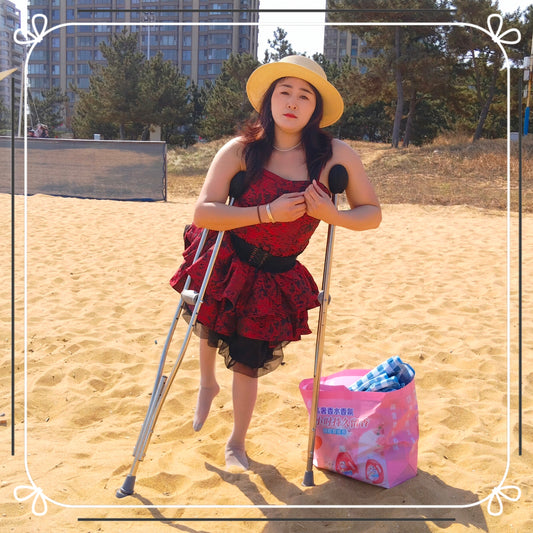 Rose the Polio Girl — Walking on the Beach with Crutches