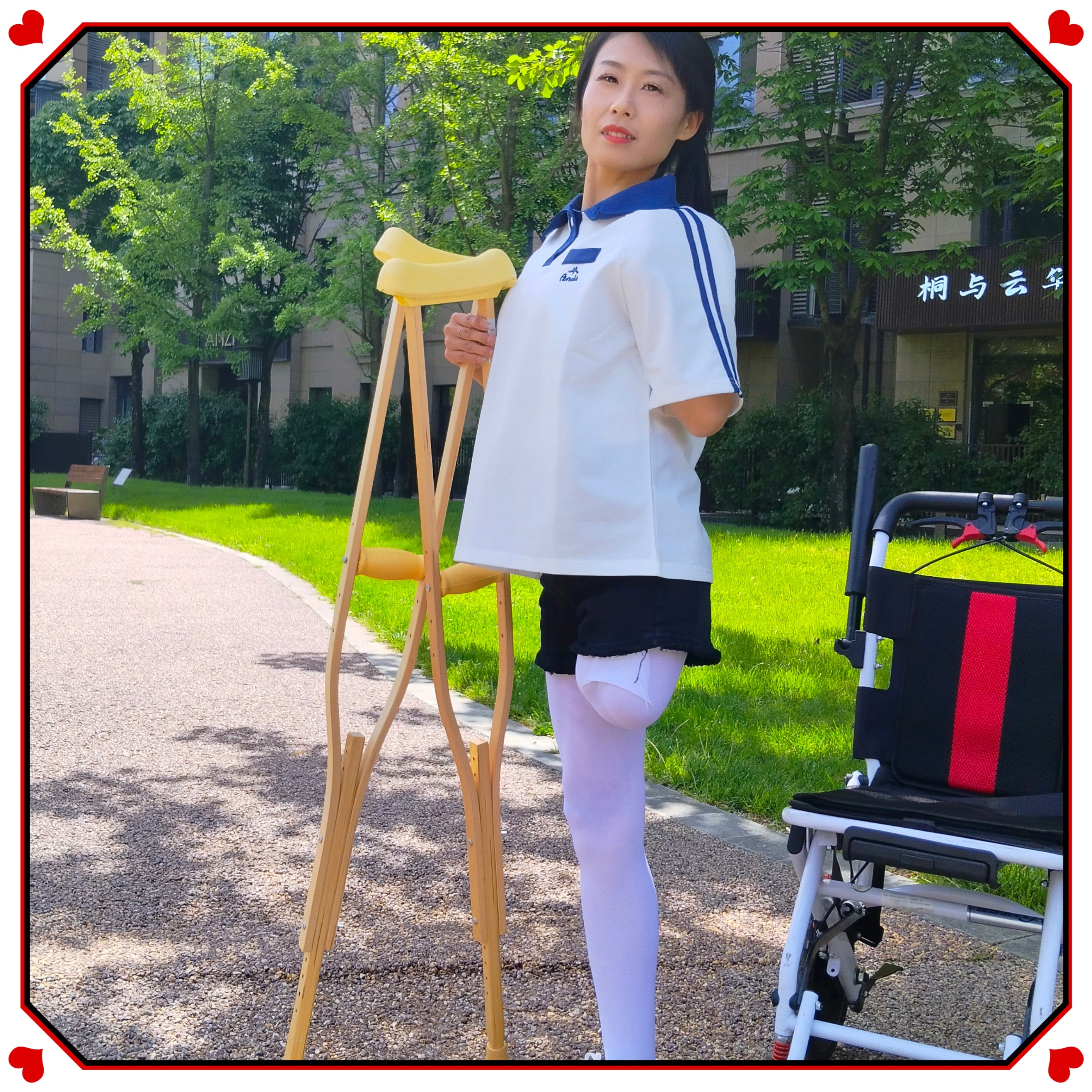 Ayla: Sak Amputee Girl - Wearing white stockings and using crutches