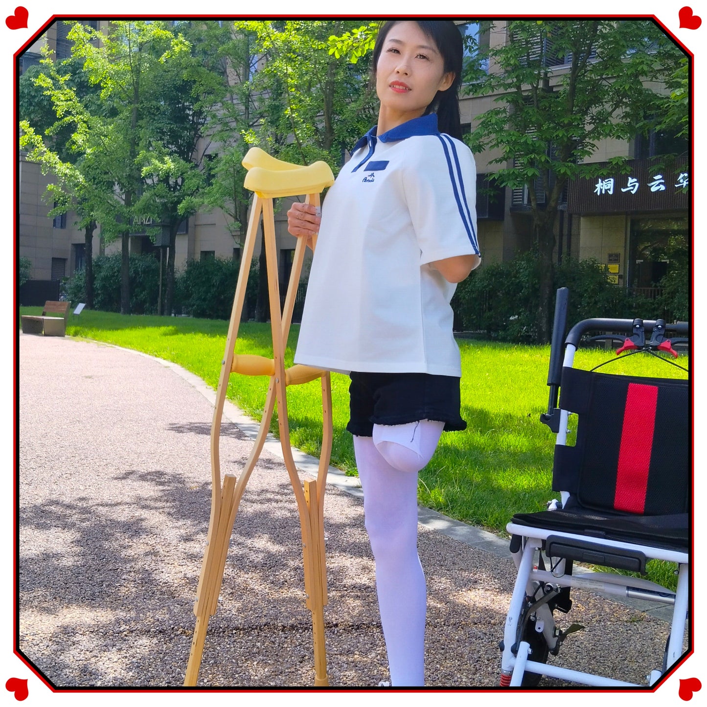 Ayla: Sak Amputee Girl - Wearing white stockings and using crutches
