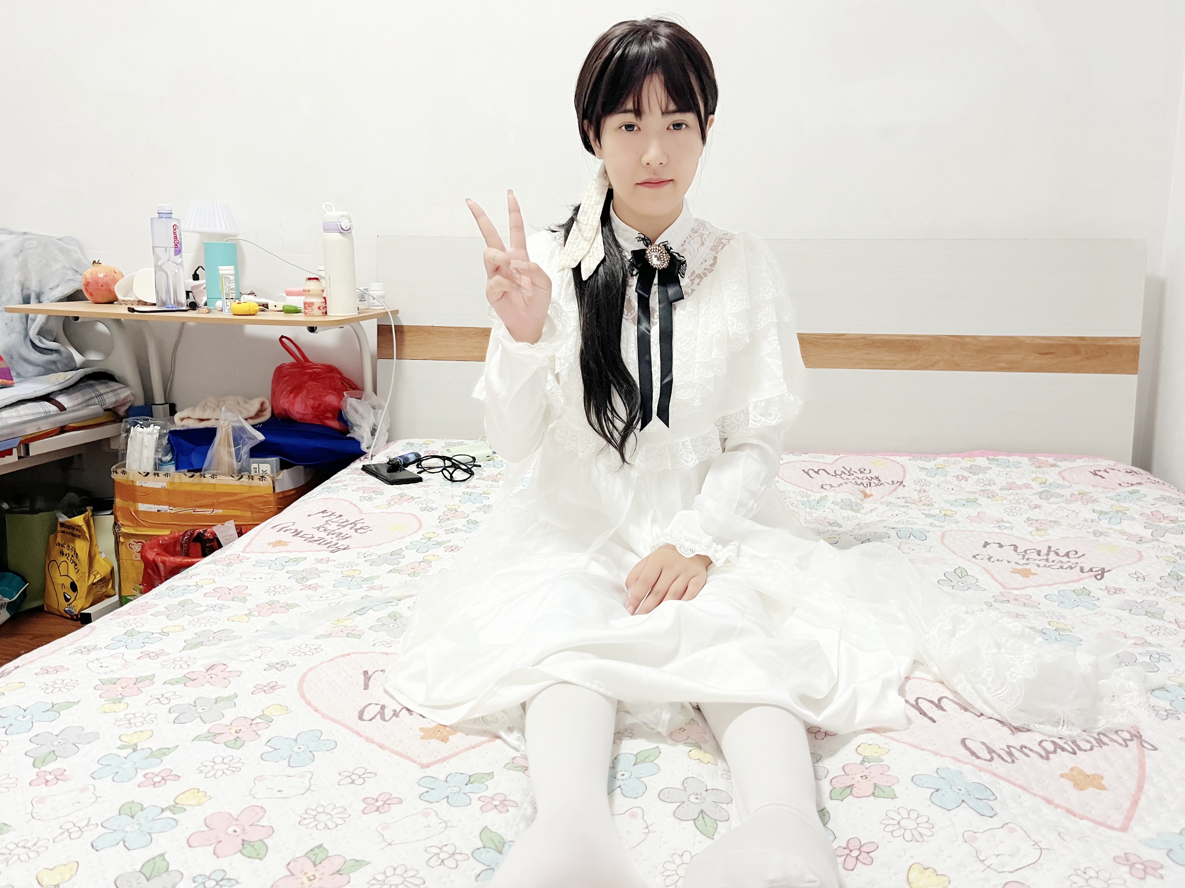 Mia: Paraplegic Girl - Green nail polish and white stockings