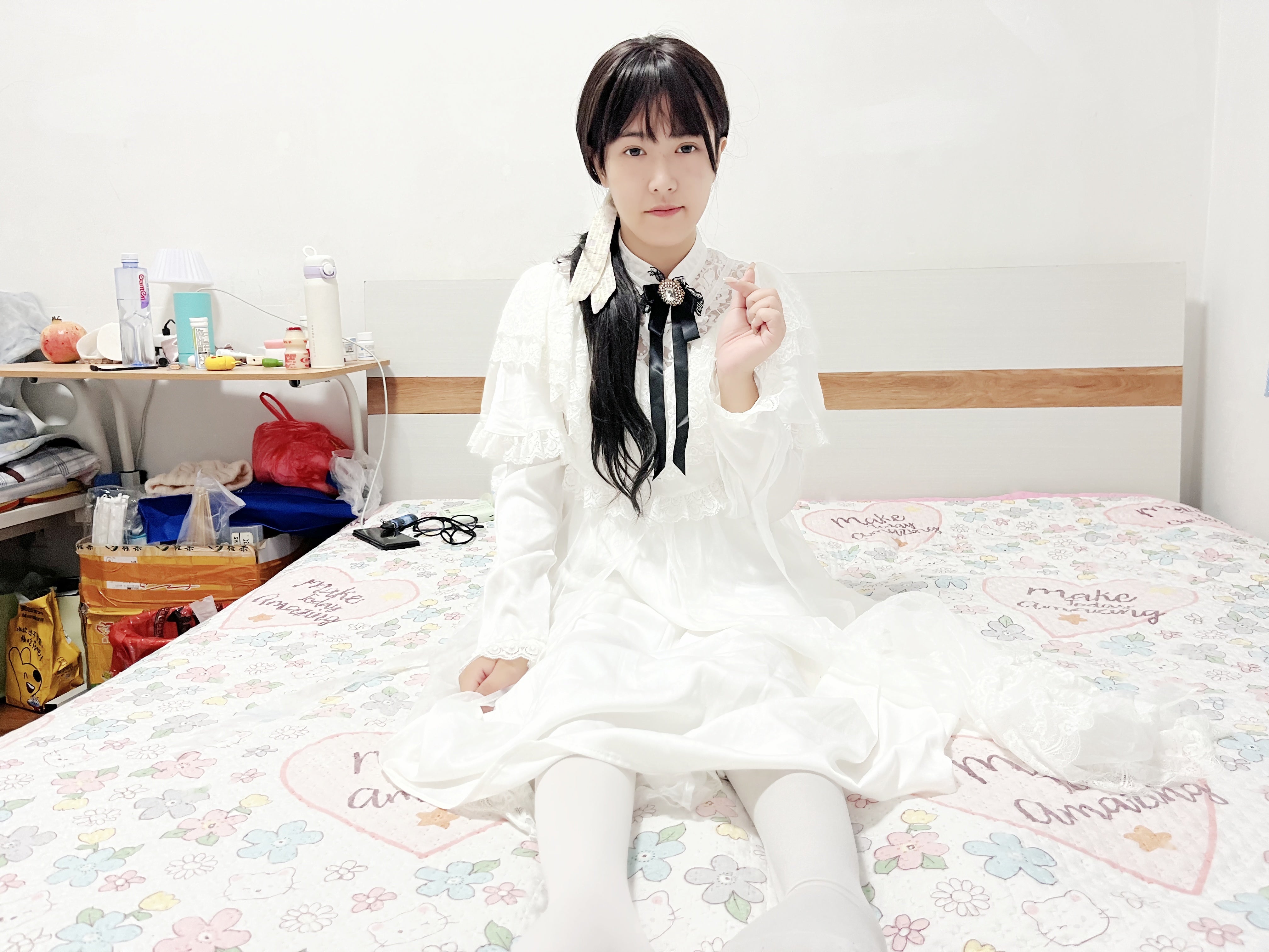 Mia: Paraplegic Girl - Green nail polish and white stockings