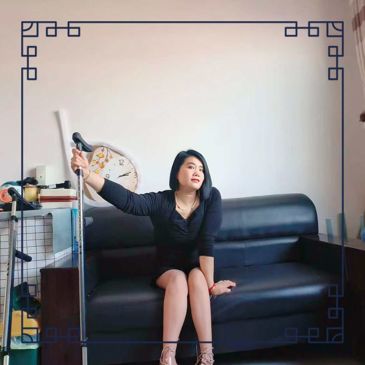 Carrie: A polio Lady patient walks around the house on crutches.