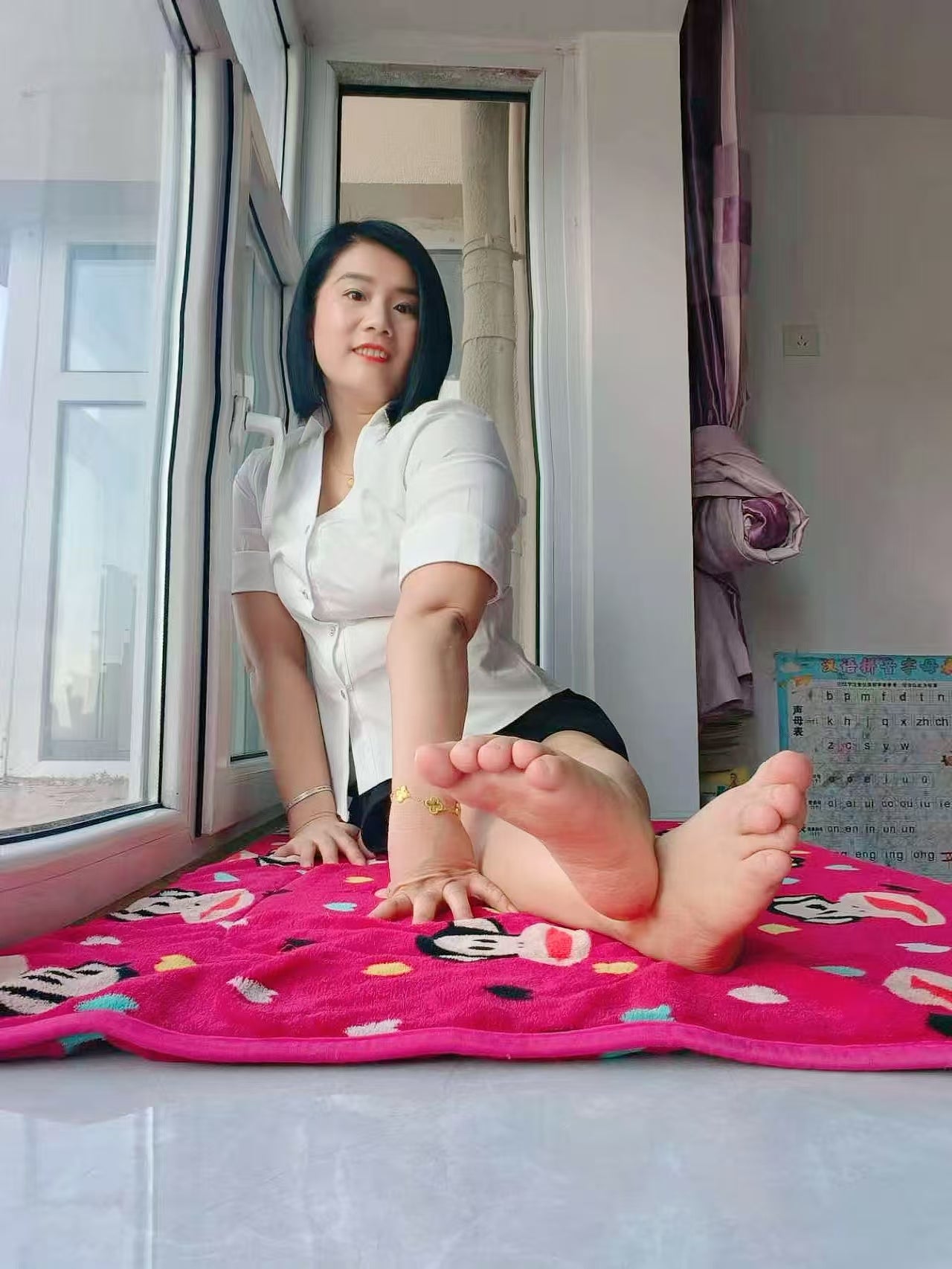 Carrie: The Polio Lady's sexy black stockings paired with a white shirt.