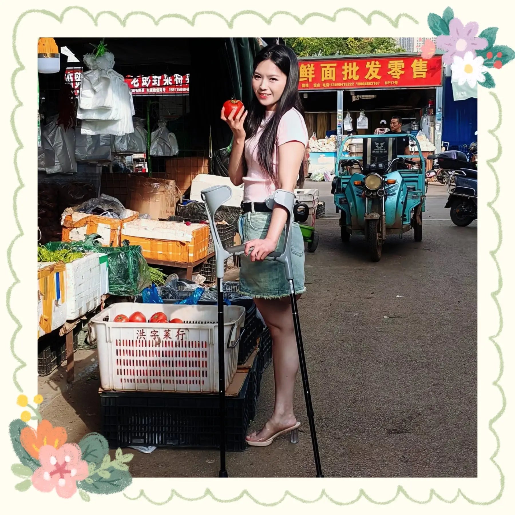 Alisa: Sak Amputee Girl buys ingredients at the market AmputeeClub